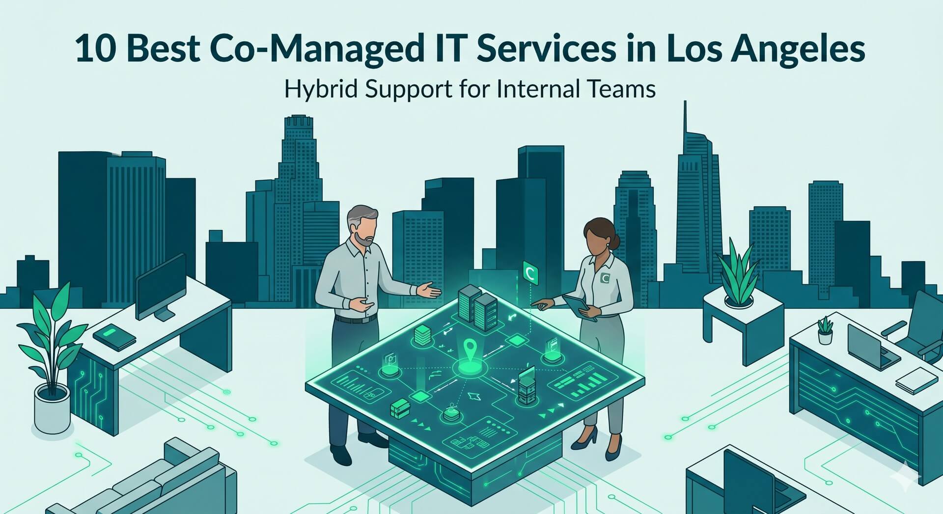 Isometric illustration of Los Angeles skyline with IT professionals collaborating over a glowing digital network map in teal and green.