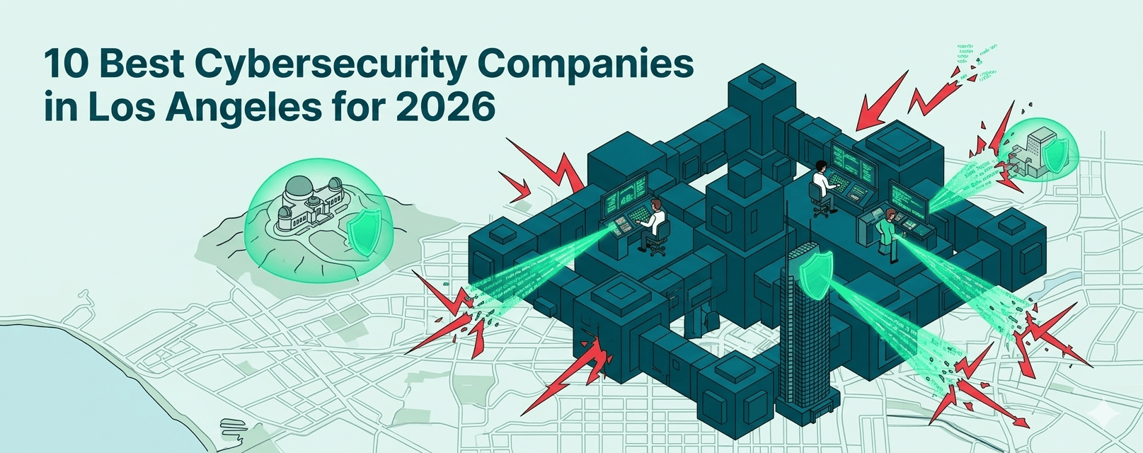 Isometric illustration of a digital fortress protecting the Los Angeles skyline with teal and green security themes.