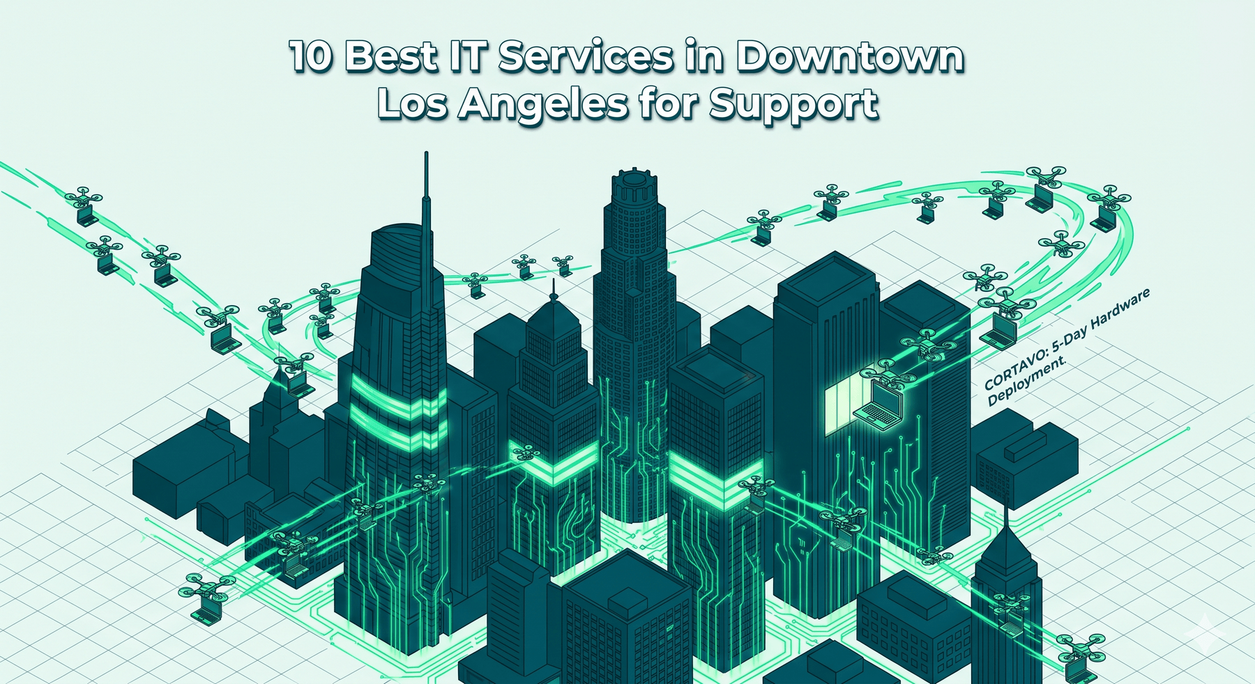 Isometric digital illustration of Downtown Los Angeles skyscrapers with glowing green connectivity pulses.