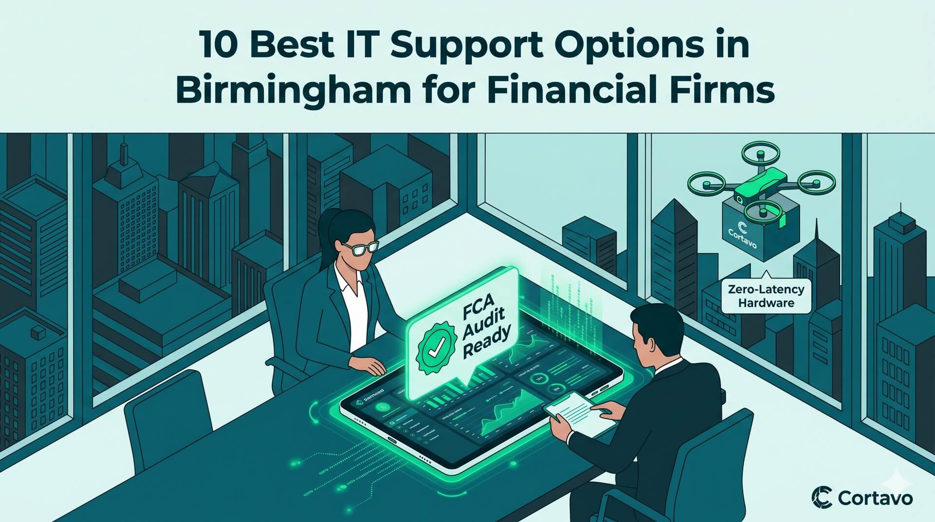 Isometric view of a Birmingham financial firm office with secure IT systems and a 5-day hardware delivery drone.