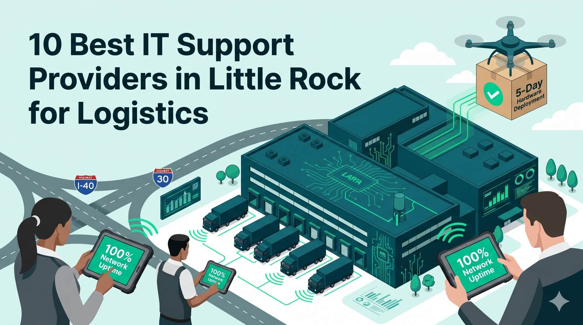 Isometric view of a Little Rock distribution center with secure fleet tech and a hardware delivery drone.