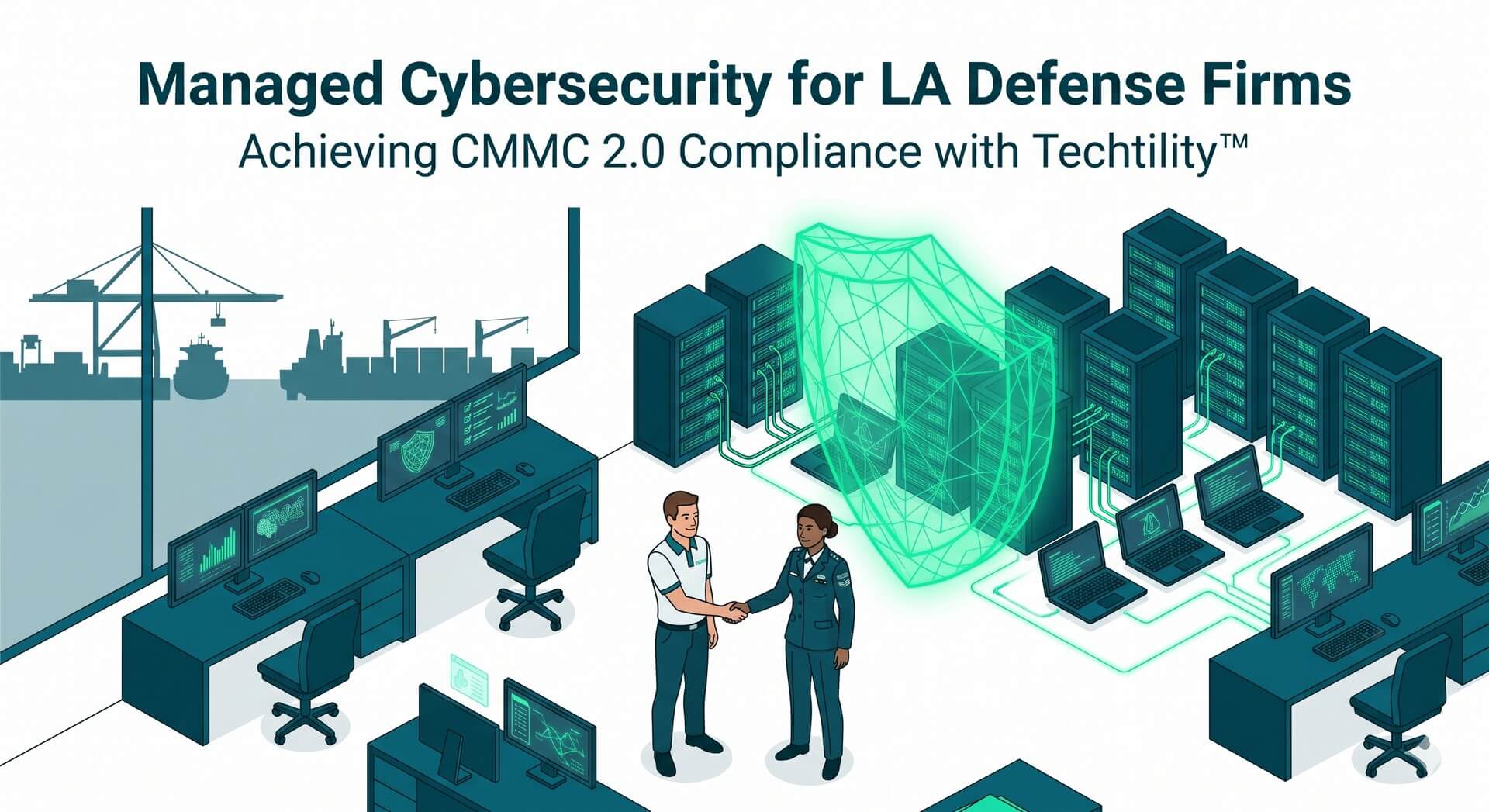Isometric view of a Los Angeles defense operations center with a glowing green holographic shield protecting a server network.