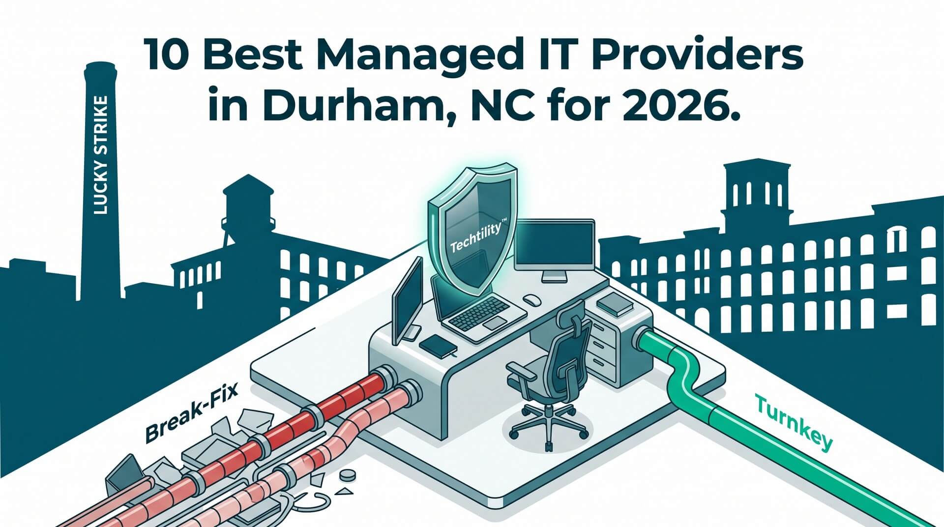 Isometric illustration of Durham NC skyline with a green digital shield protecting an office workstation.
