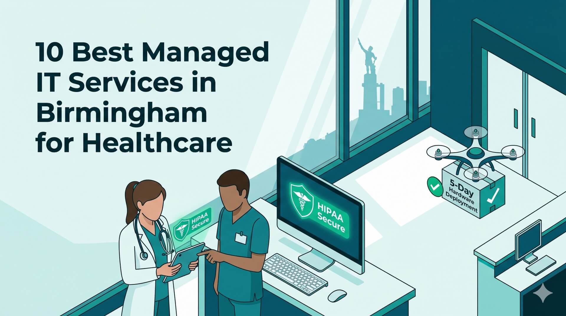 Isometric view of a Birmingham clinic with HIPAA-secure devices and a 5-day hardware delivery icon.