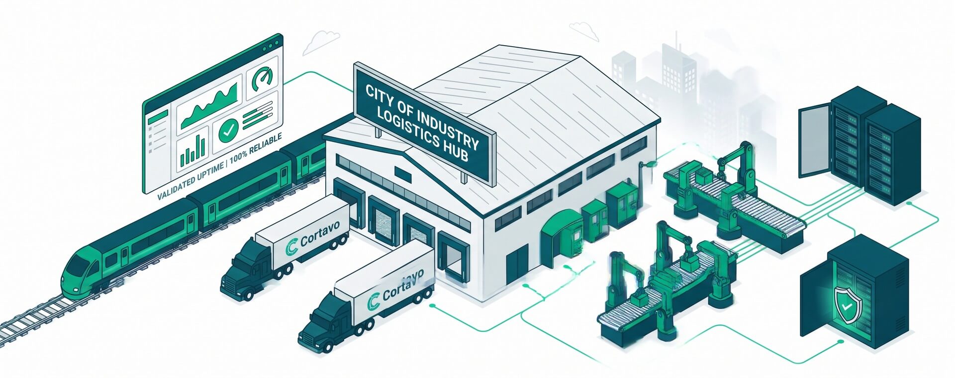 2D isometric flat vector graphic of a secure City of Industry warehouse hub showing automated data streams running into a dark teal secure server vault under a protective dome.
