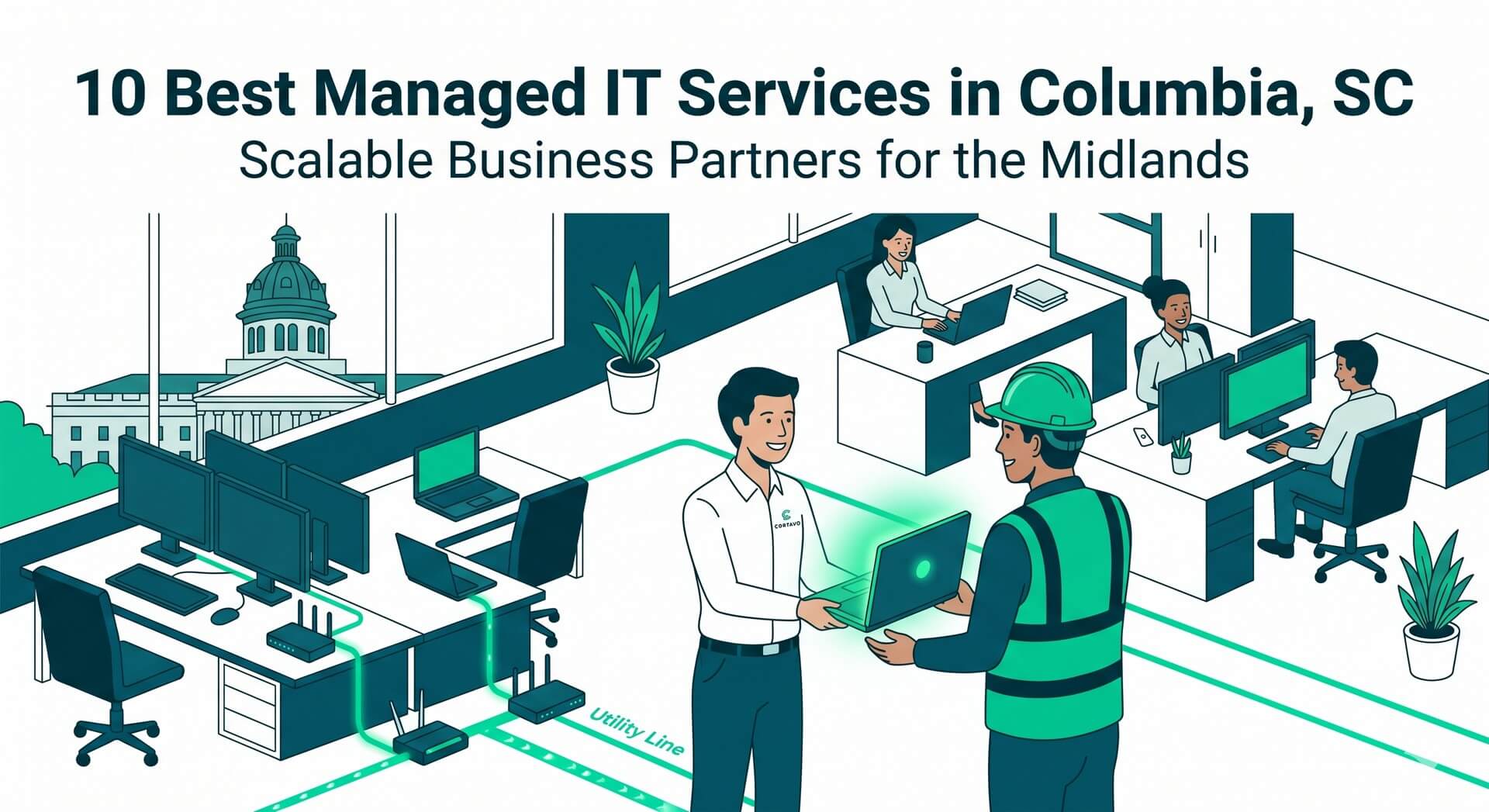 Isometric illustration of a Columbia, SC office with a green utility line powering digital devices and a Cortavo technician delivering hardware.