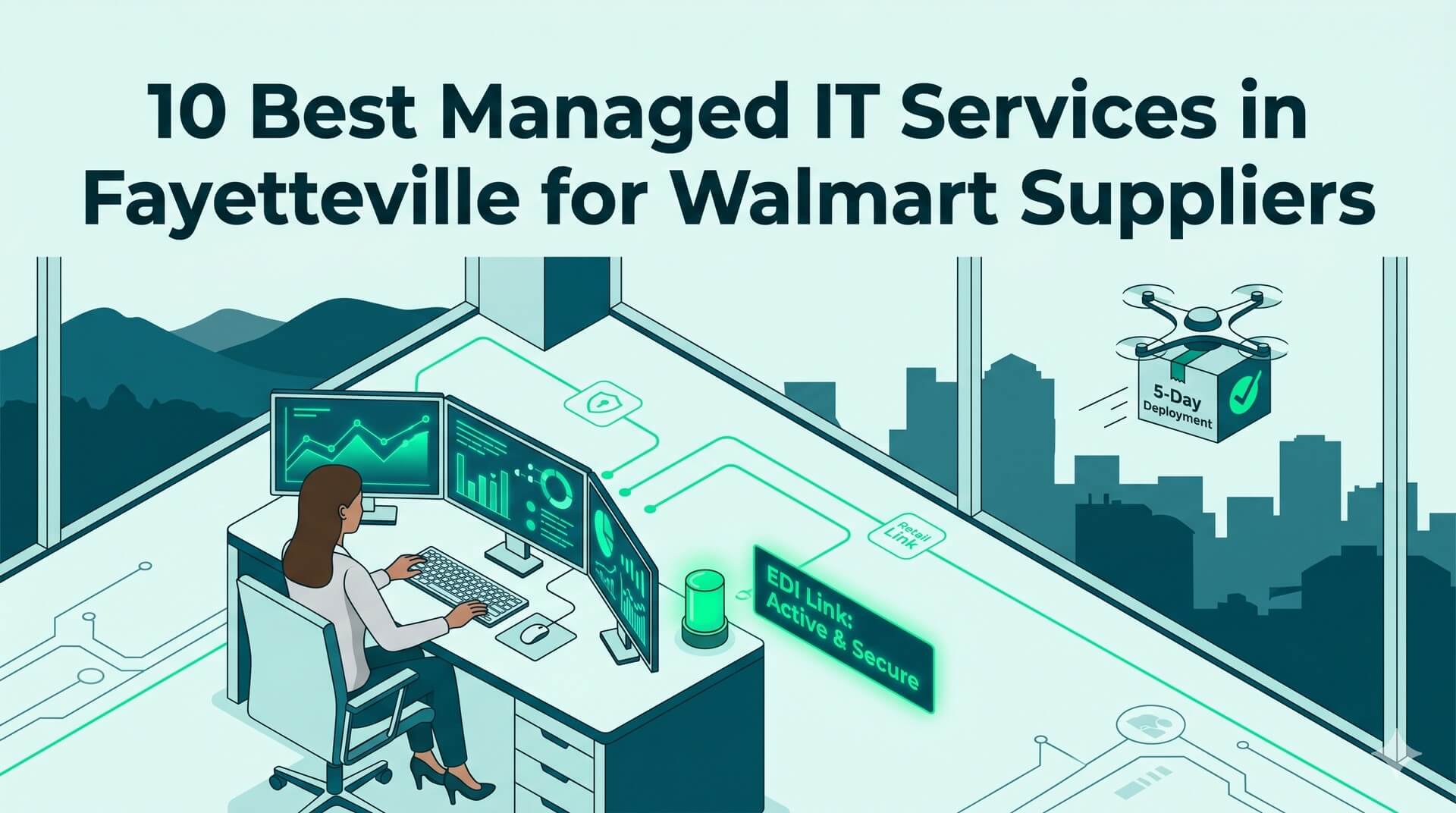 Isometric view of a Fayetteville office overlooking NWA, featuring secure retail tech and a hardware delivery drone.