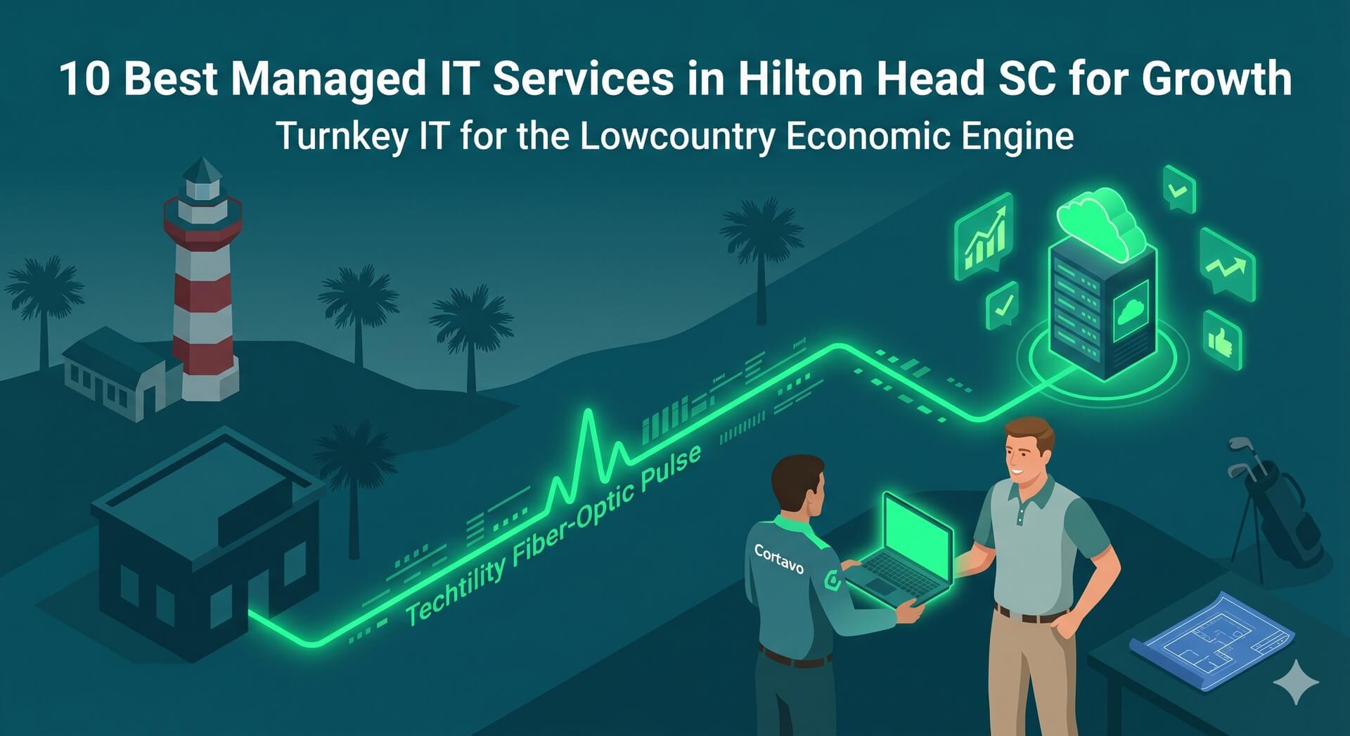 Isometric view of Hilton Head coastal office connected by a green utility line to a turnkey IT department model.