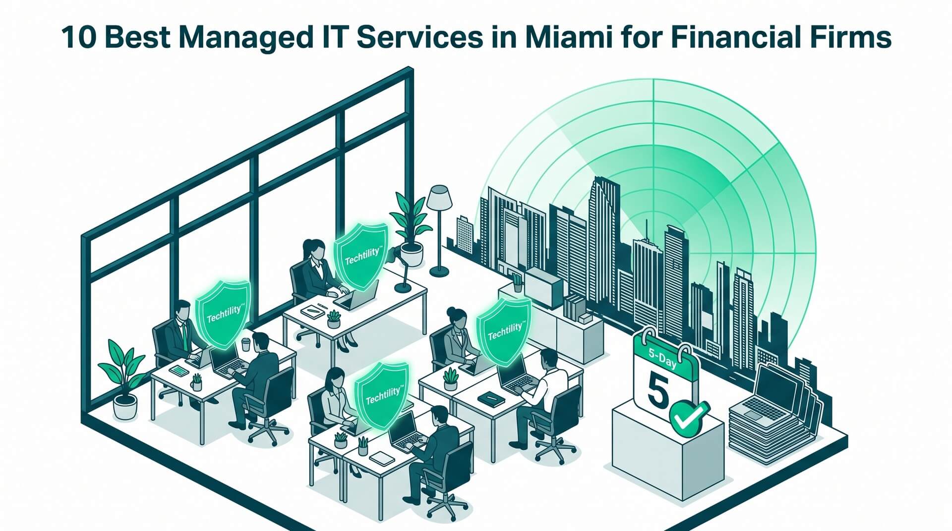 Isometric illustration of a Miami high-rise with a green resilience radar protecting financial workers and enterprise laptops.