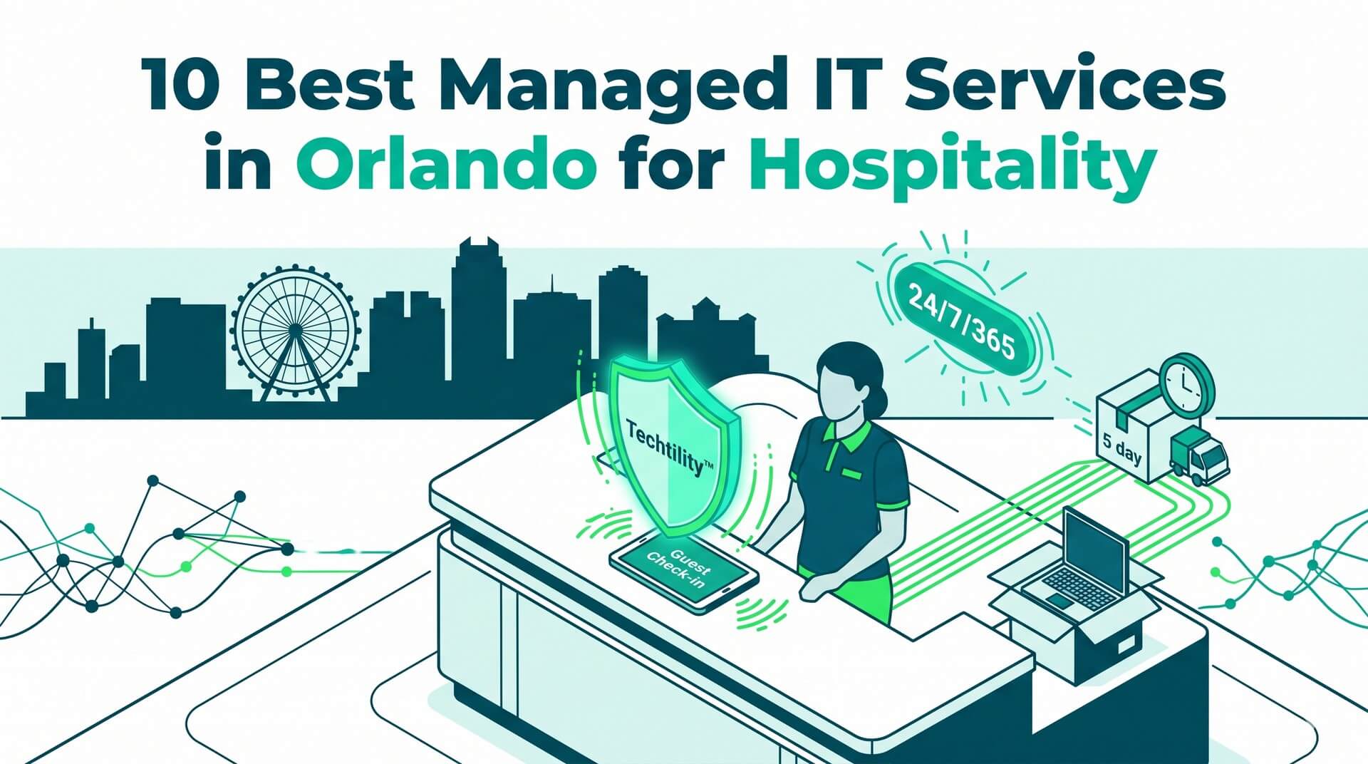 Isometric view of an Orlando hotel lobby with a secure check-in tablet protected by a green Techtility™ shield.