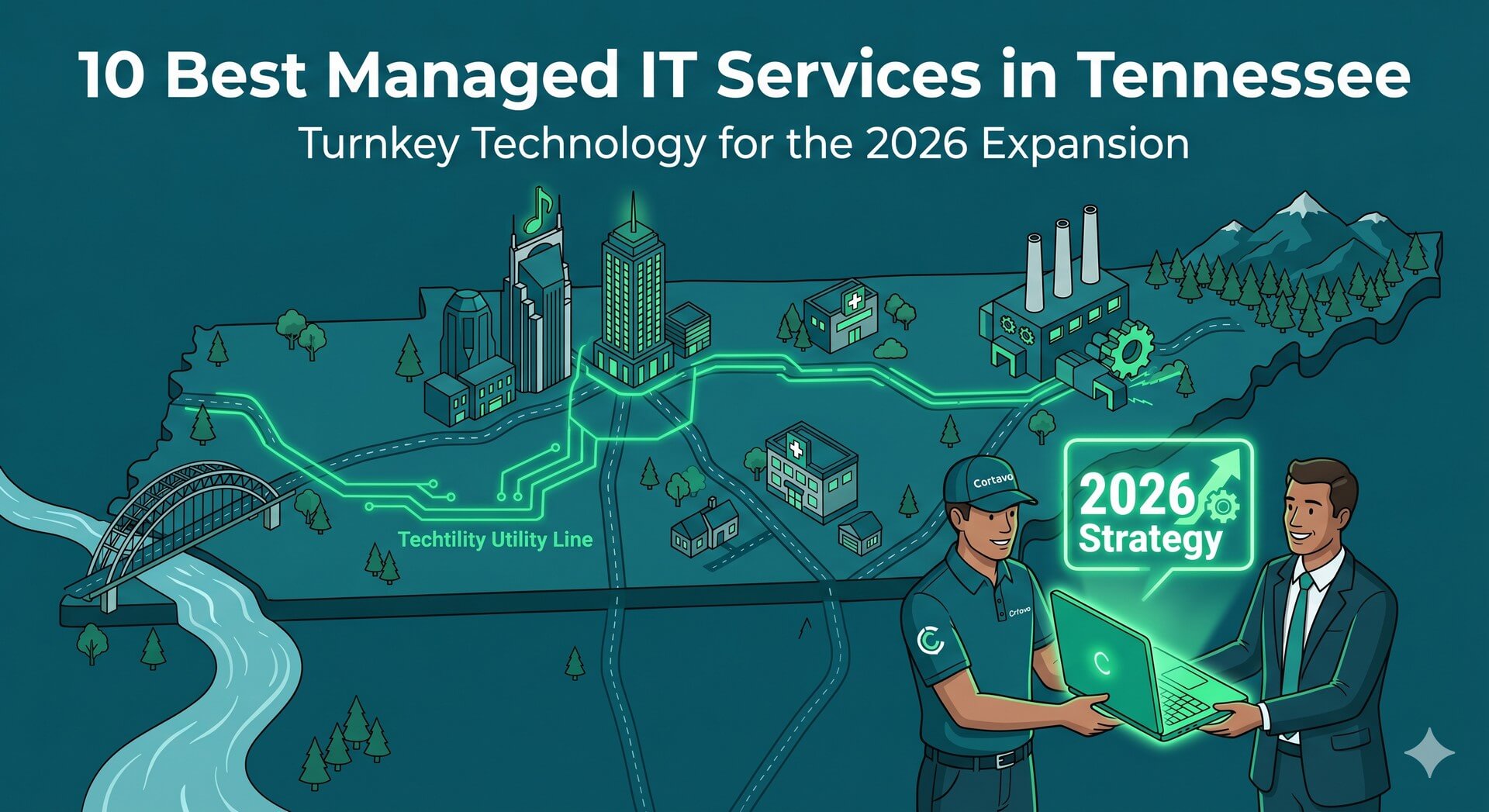 Isometric view of Tennessee economic hubs connected by a green utility line representing turnkey IT services.