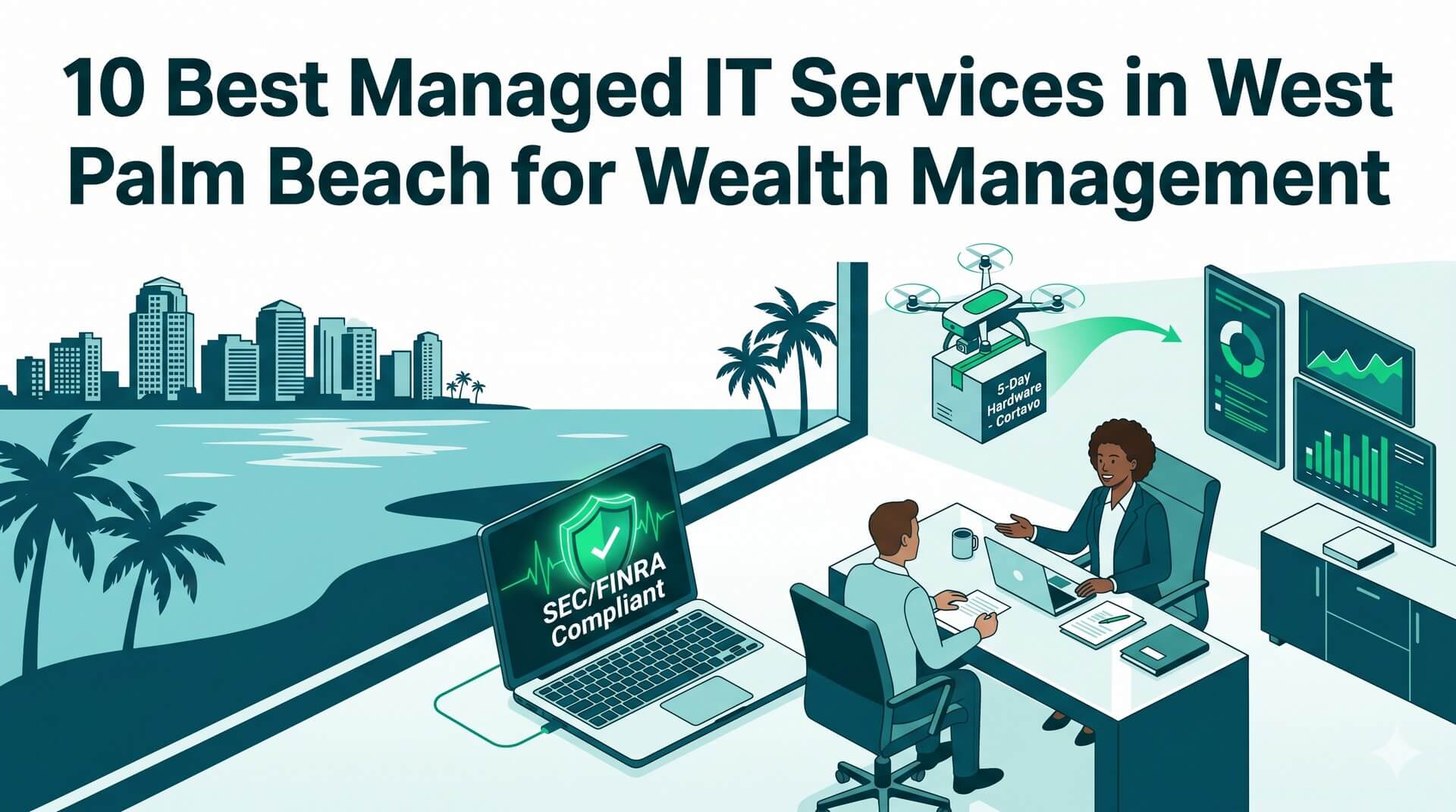 Isometric view of a West Palm Beach wealth management office with a secure laptop and a 5-day hardware delivery drone.