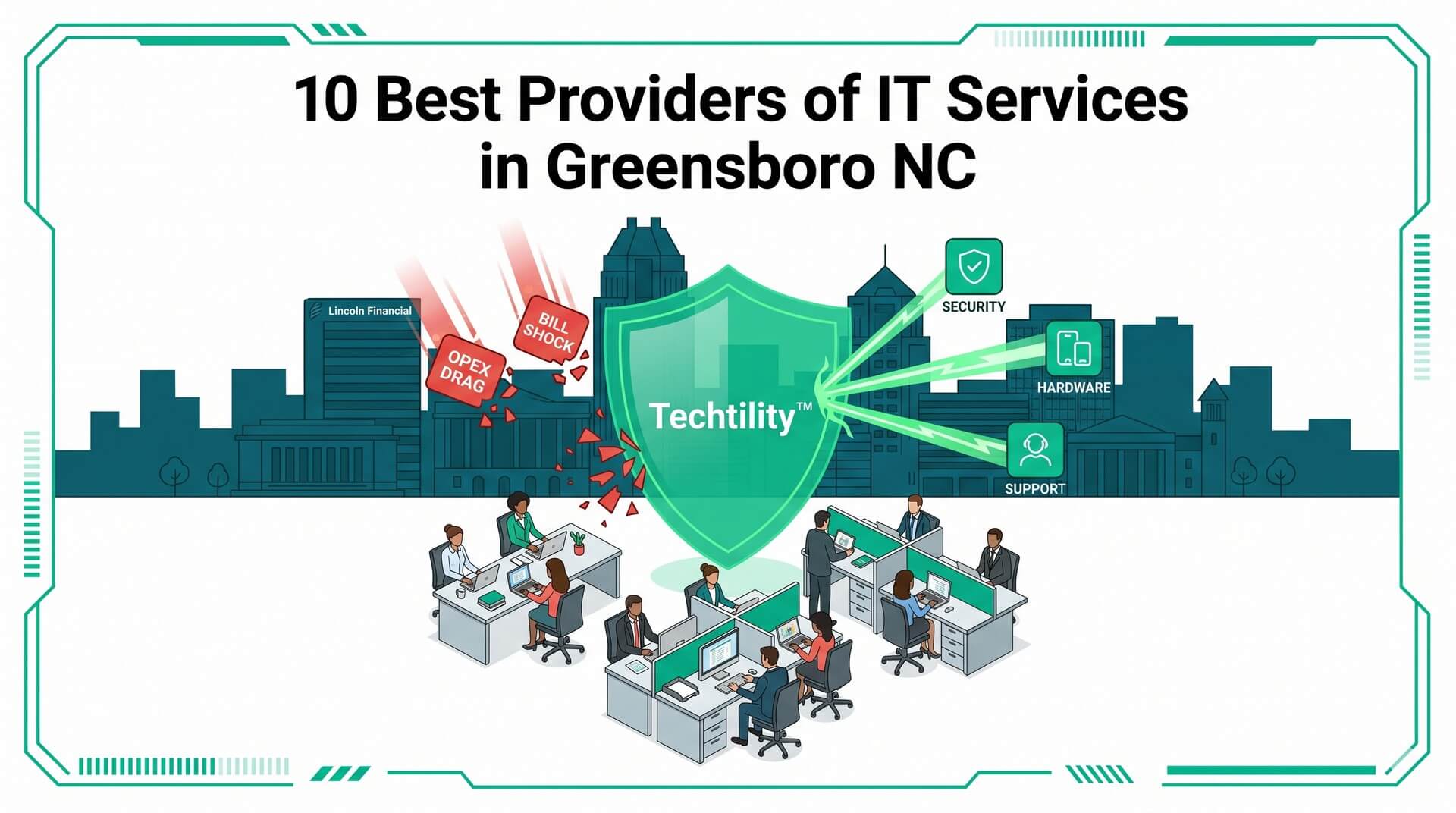 Isometric visualization of a glowing green Techtility™ shield protecting Greensboro office workers from chaotic red bill shock and drag icons. 