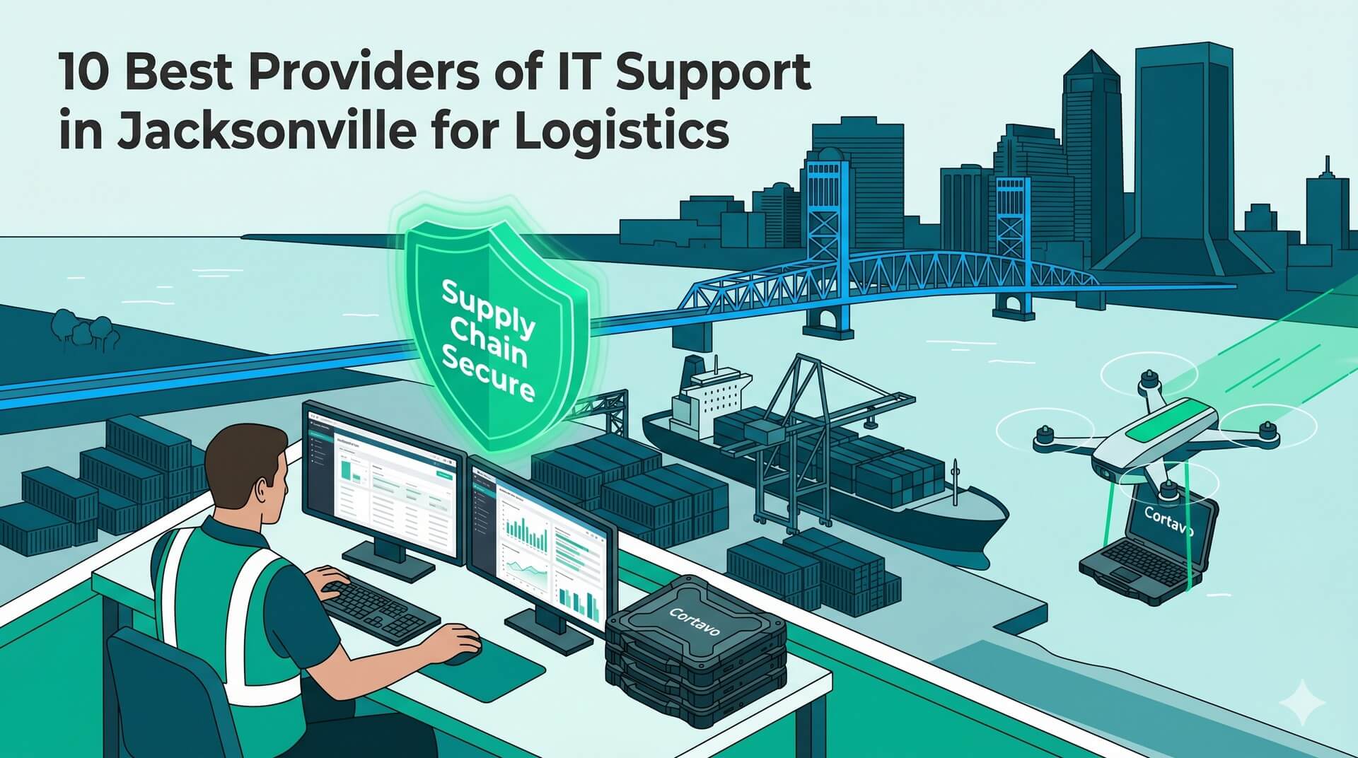 Isometric view of a Jacksonville port terminal with a logistics manager using secure IT systems and a 5-day hardware delivery drone.