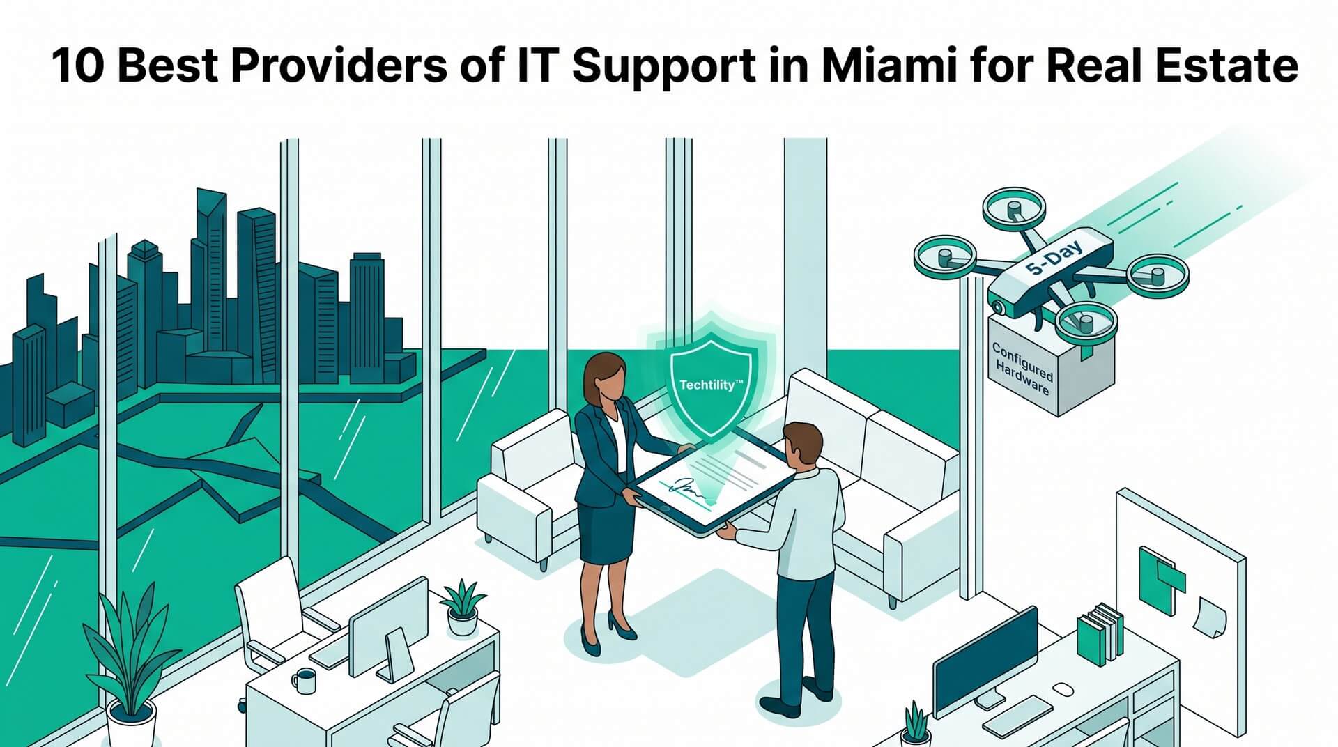 Isometric view of a Miami real estate office with a drone delivering configured hardware to a secure, tech-enabled brokerage.