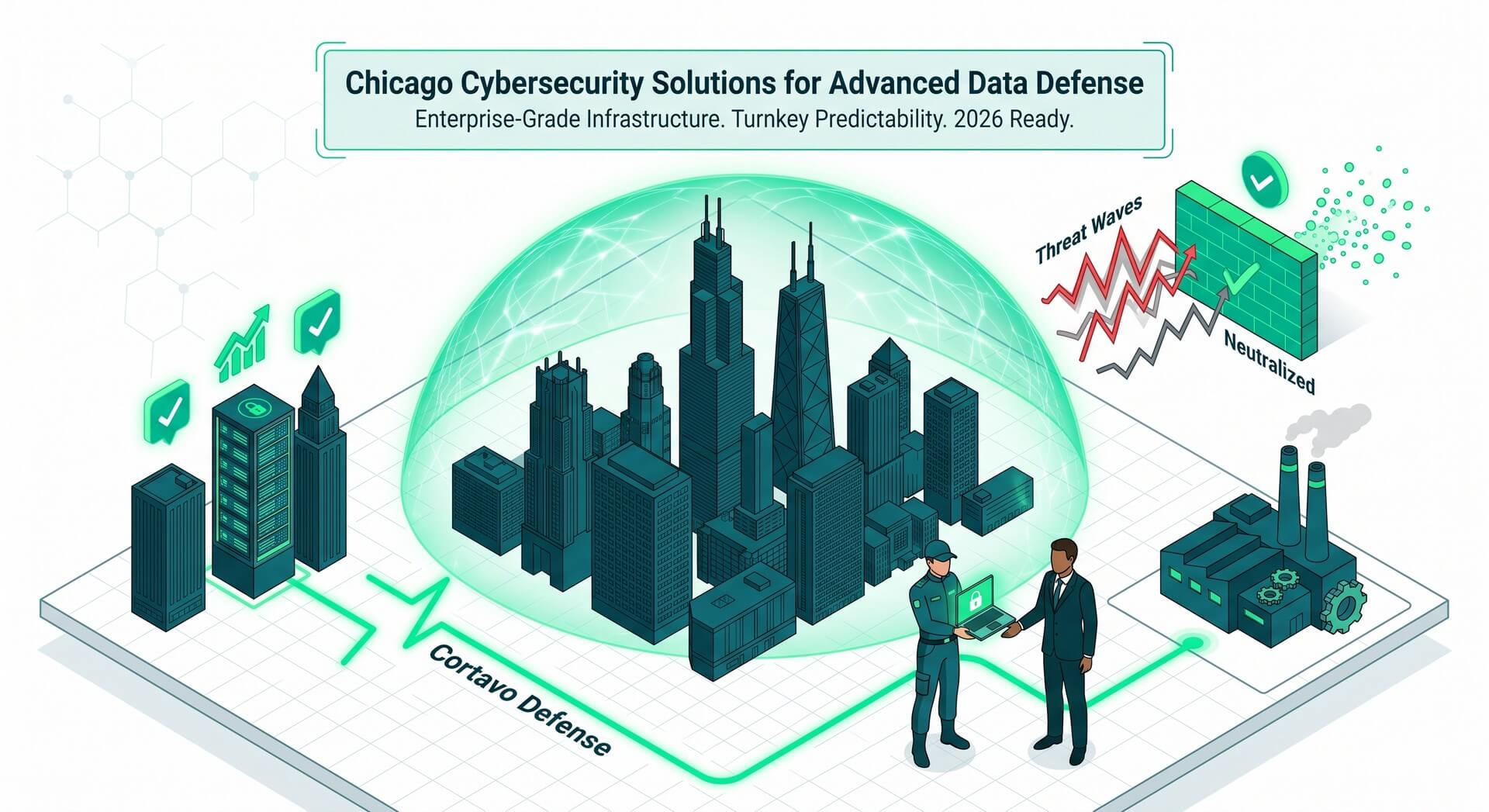 Isometric Chicago skyline under a digital security dome with a green pulse line representing turnkey cybersecurity defense.