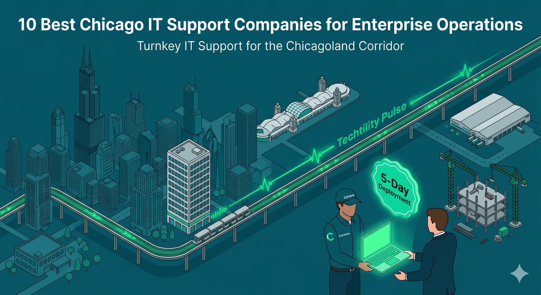 Isometric view of the Chicago skyline with a green pulse line connecting corporate centers to a turnkey IT department model.