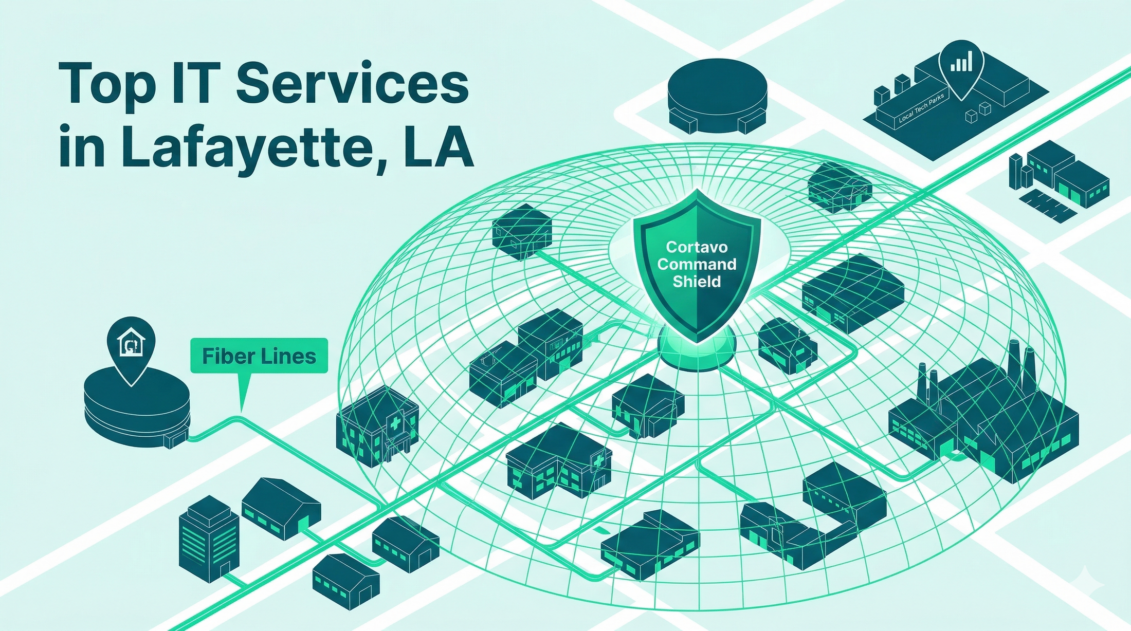 Isometric digital landscape of Lafayette skyline with green fiber connectivity lines and a security shield.
