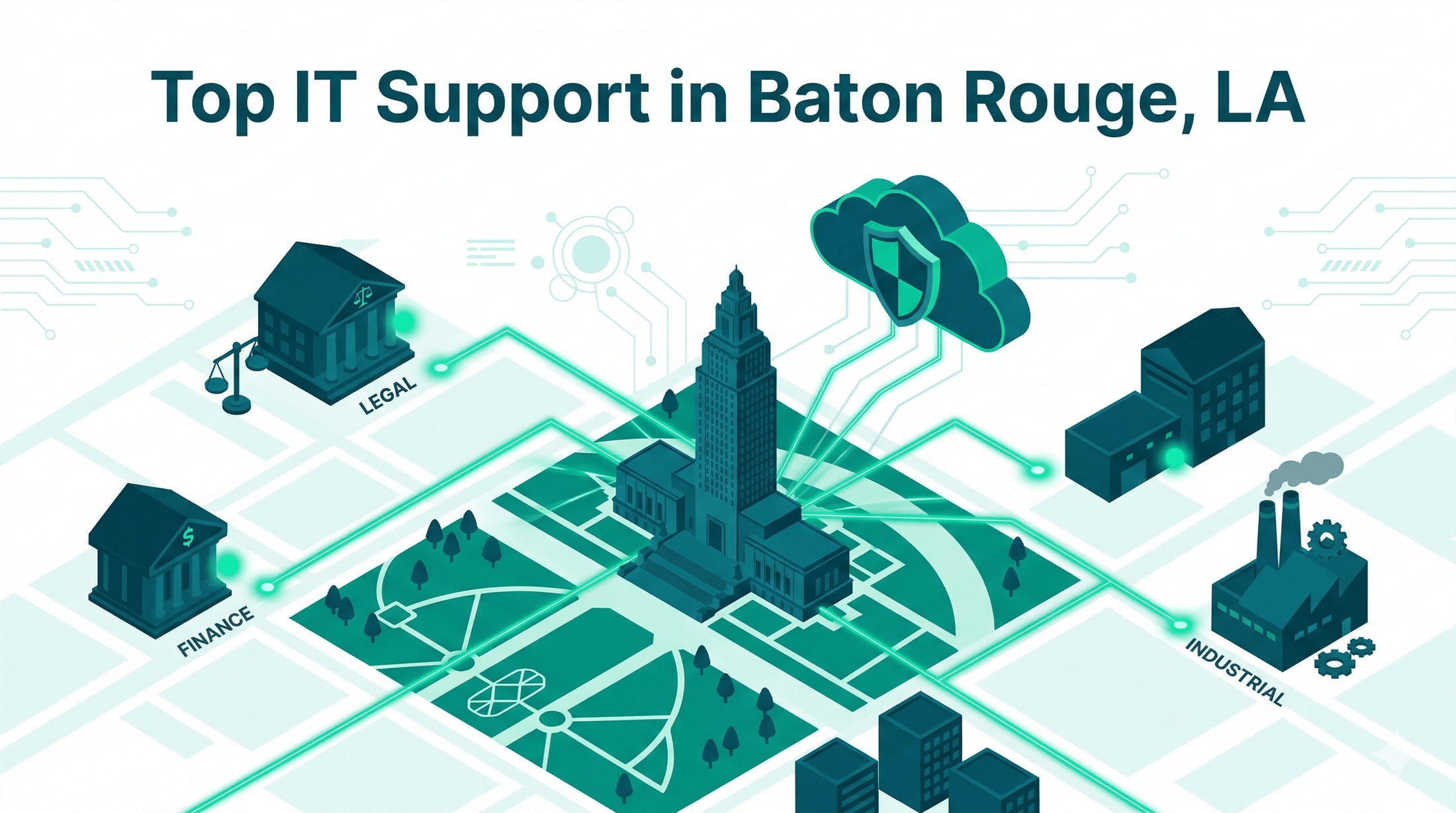 Isometric digital landscape of the Baton Rouge skyline with green connectivity lines representing stable IT support.