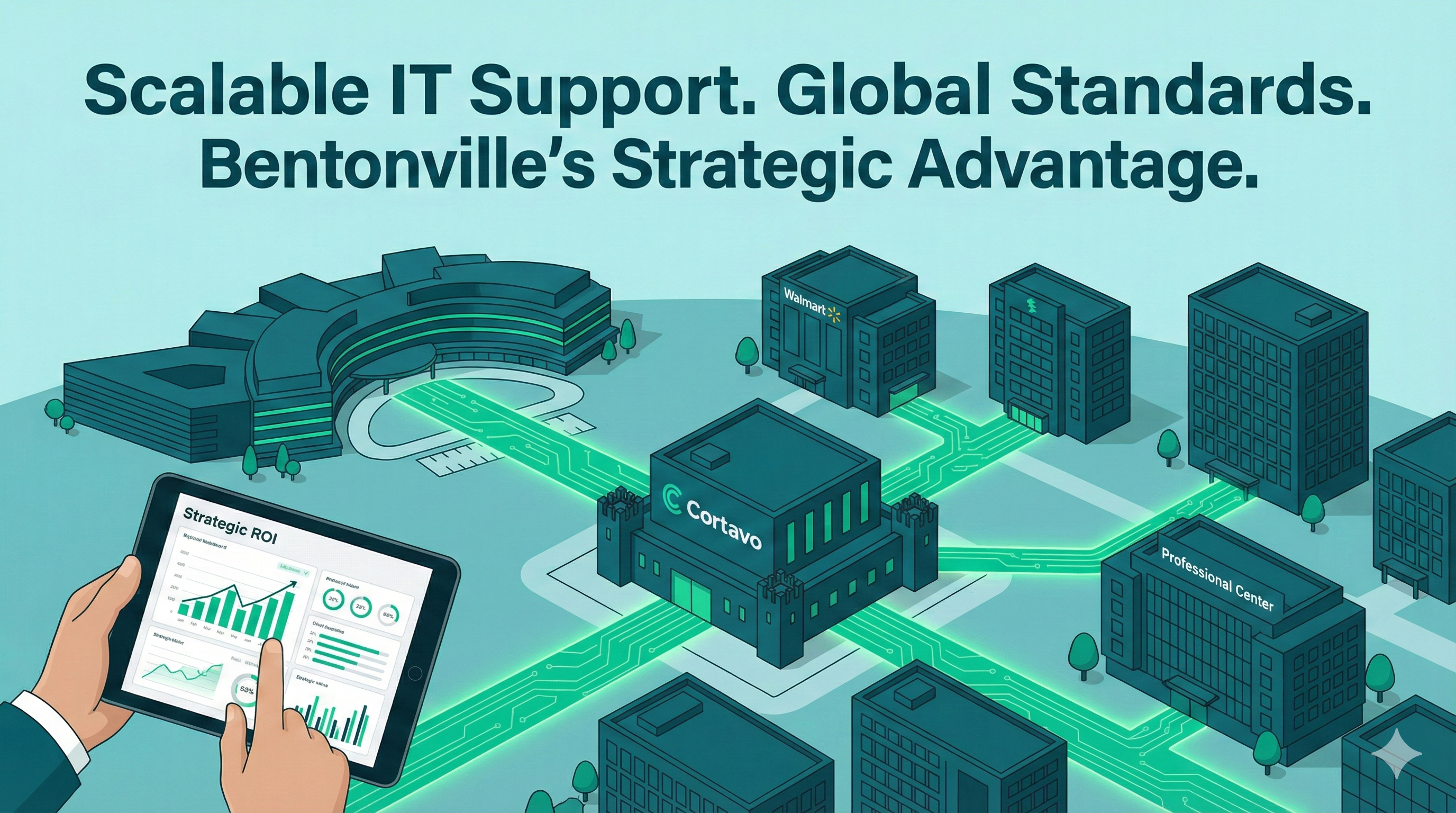 2D isometric illustration of Bentonville skyline with green digital data streams protecting corporate offices.