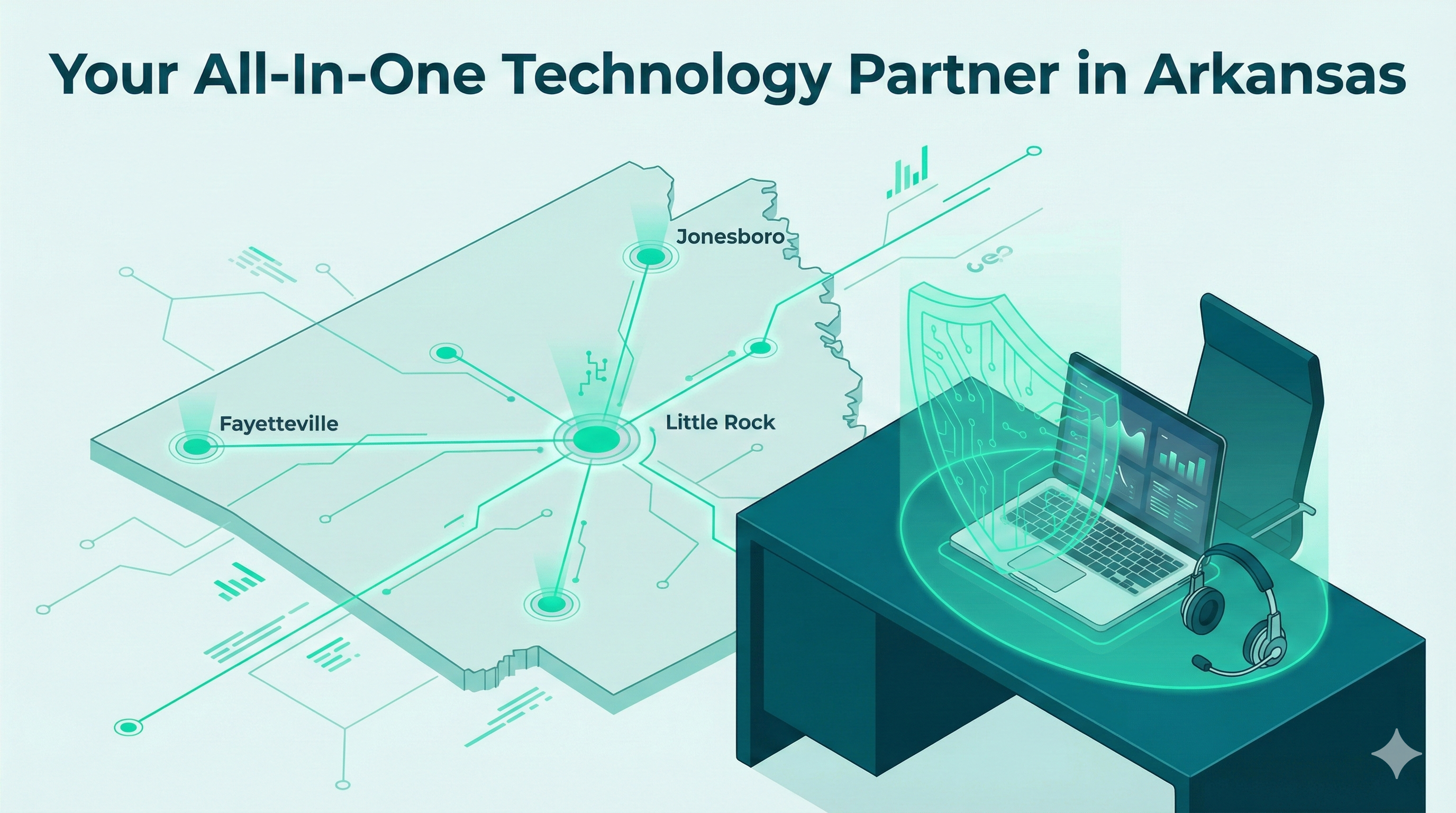 Isometric illustration of an Arkansas map with green data connections and a protective digital shield over a modern office desk.