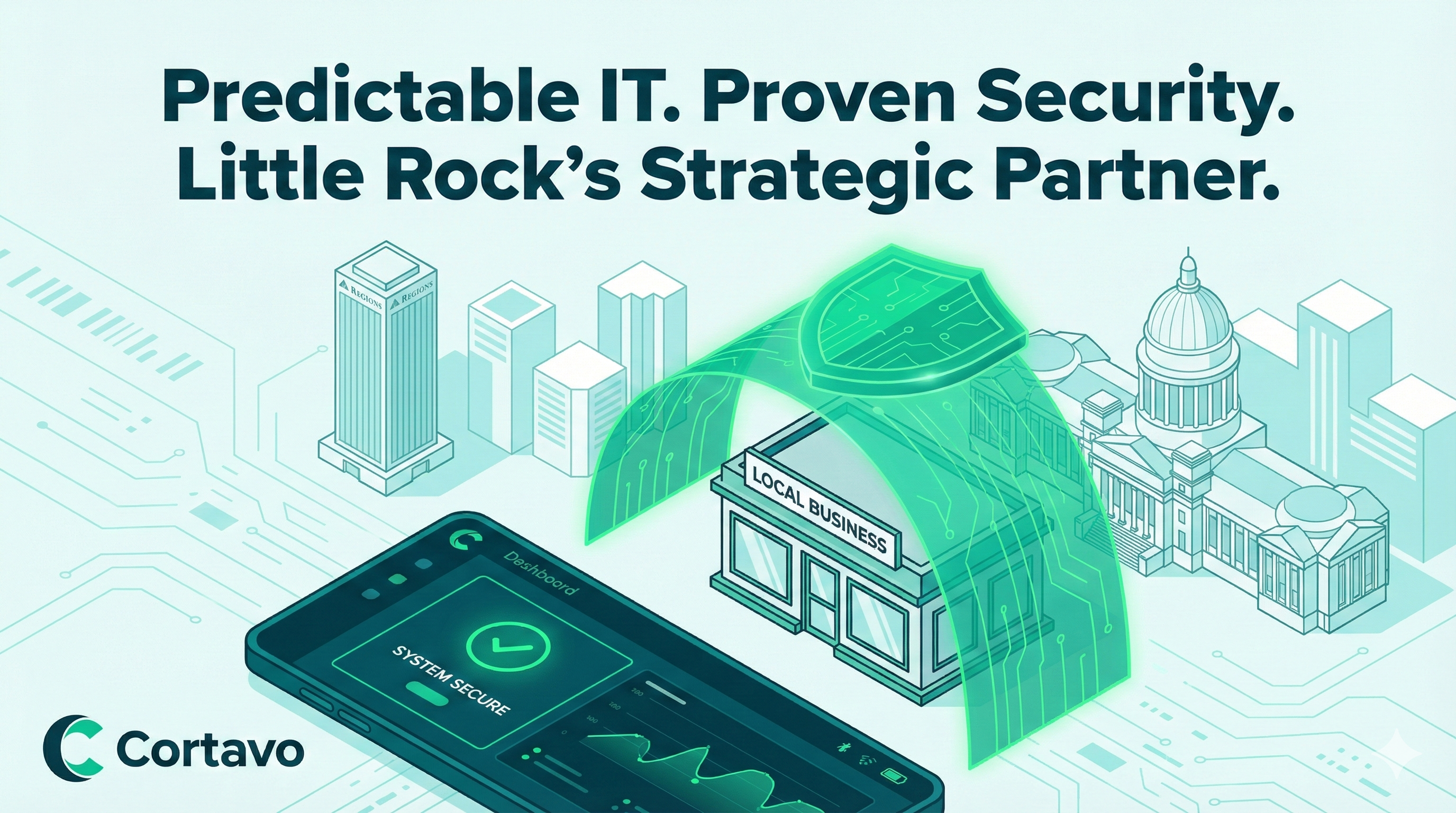 Isometric 2D illustration of Little Rock skyline with a bright green digital shield protecting a local business office.