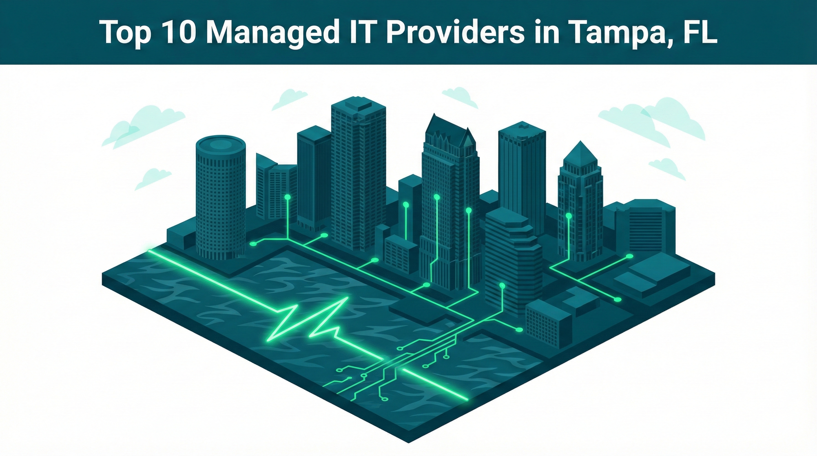 Isometric 2D skyline of Tampa, Florida with a bright green digital pulse line representing managed IT connectivity.
