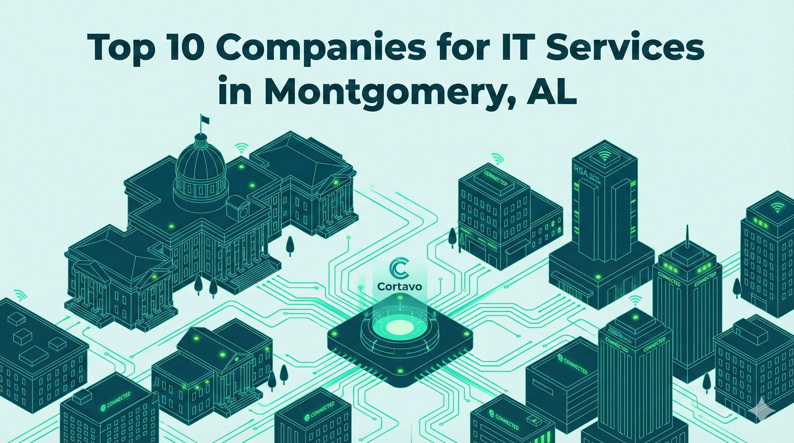 Isometric Montgomery smart city skyline showing digital network connectivity in teal and green.