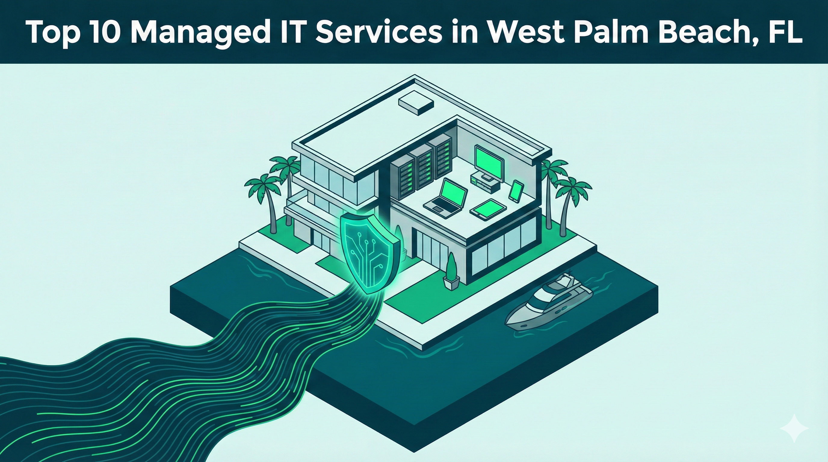 Isometric 2D illustration of a West Palm Beach office with a bright green security shield overlooking the water.