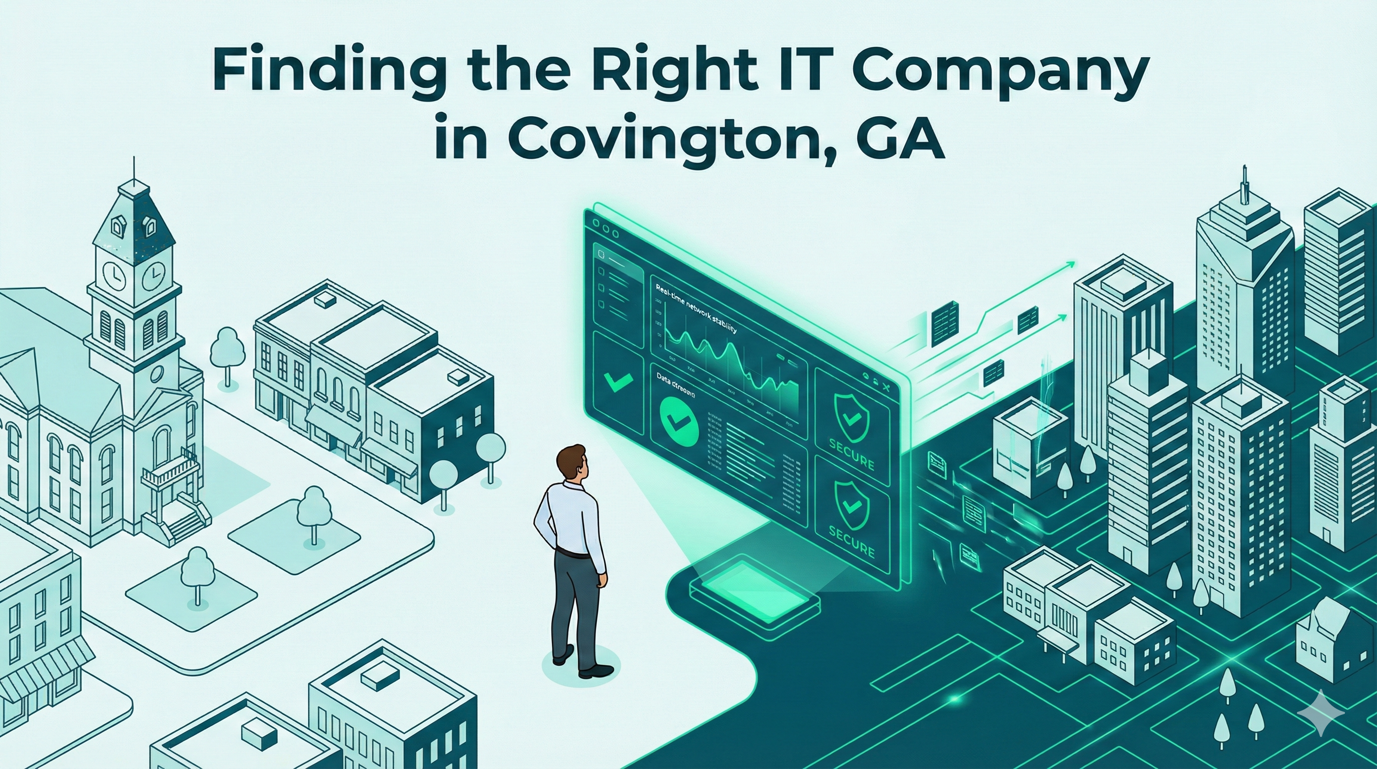 Isometric illustration of Covington square with digital clock tower and network security overlays.