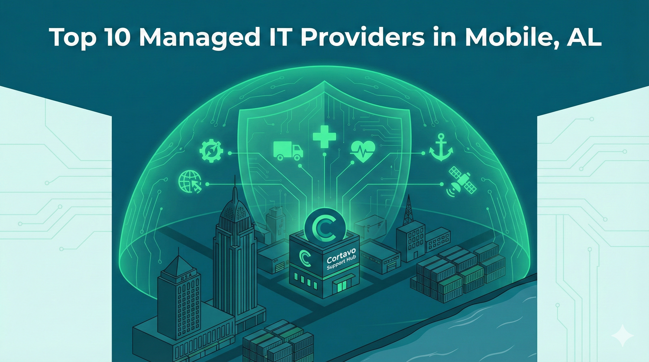 Isometric illustration of Mobile, AL riverfront protected by a green digital security shield.