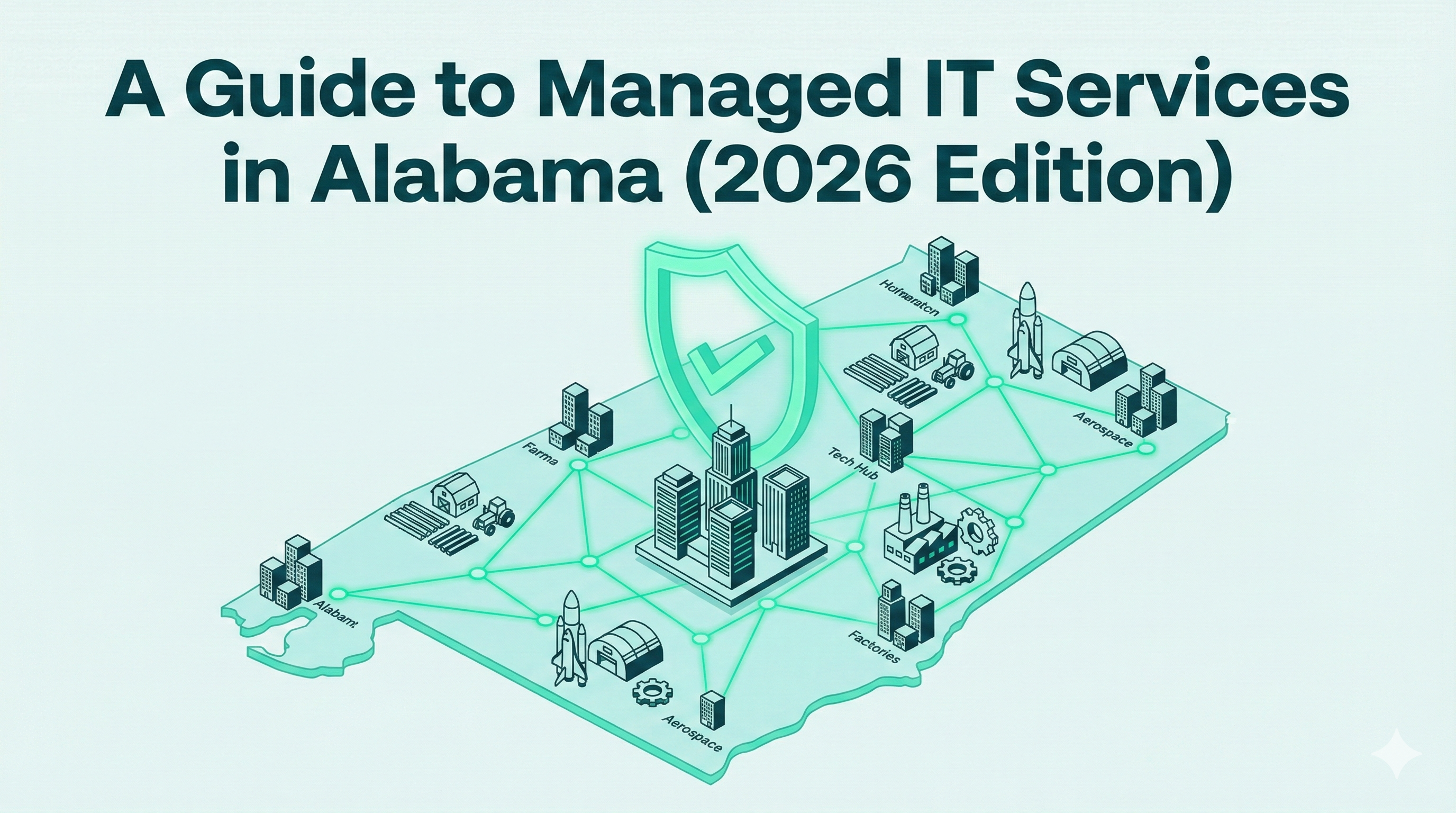 Isometric map of Alabama with a green digital security shield protecting a modern tech hub.