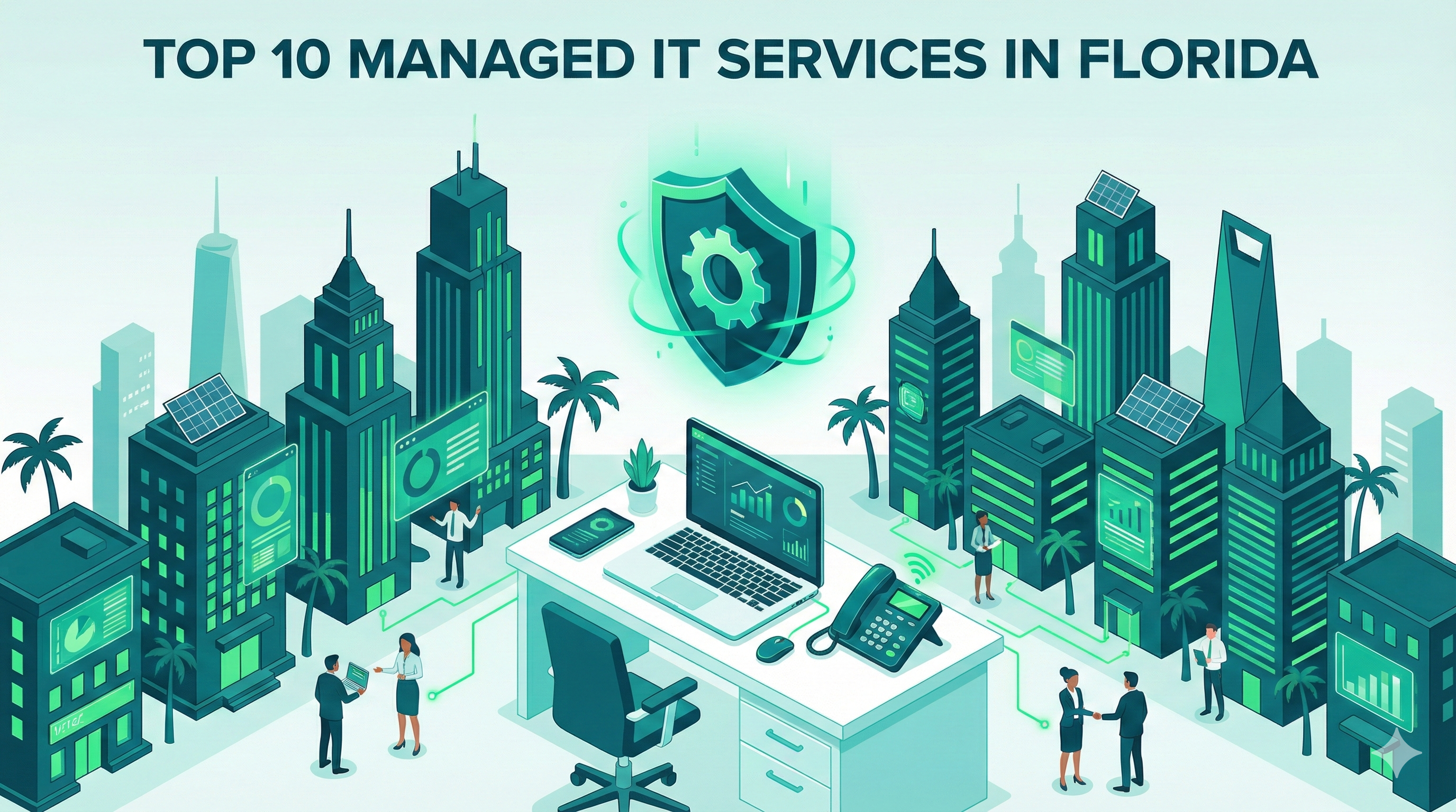 Isometric flat vector illustration of Florida skyline with a digital security shield, representing managed IT services in Florida.