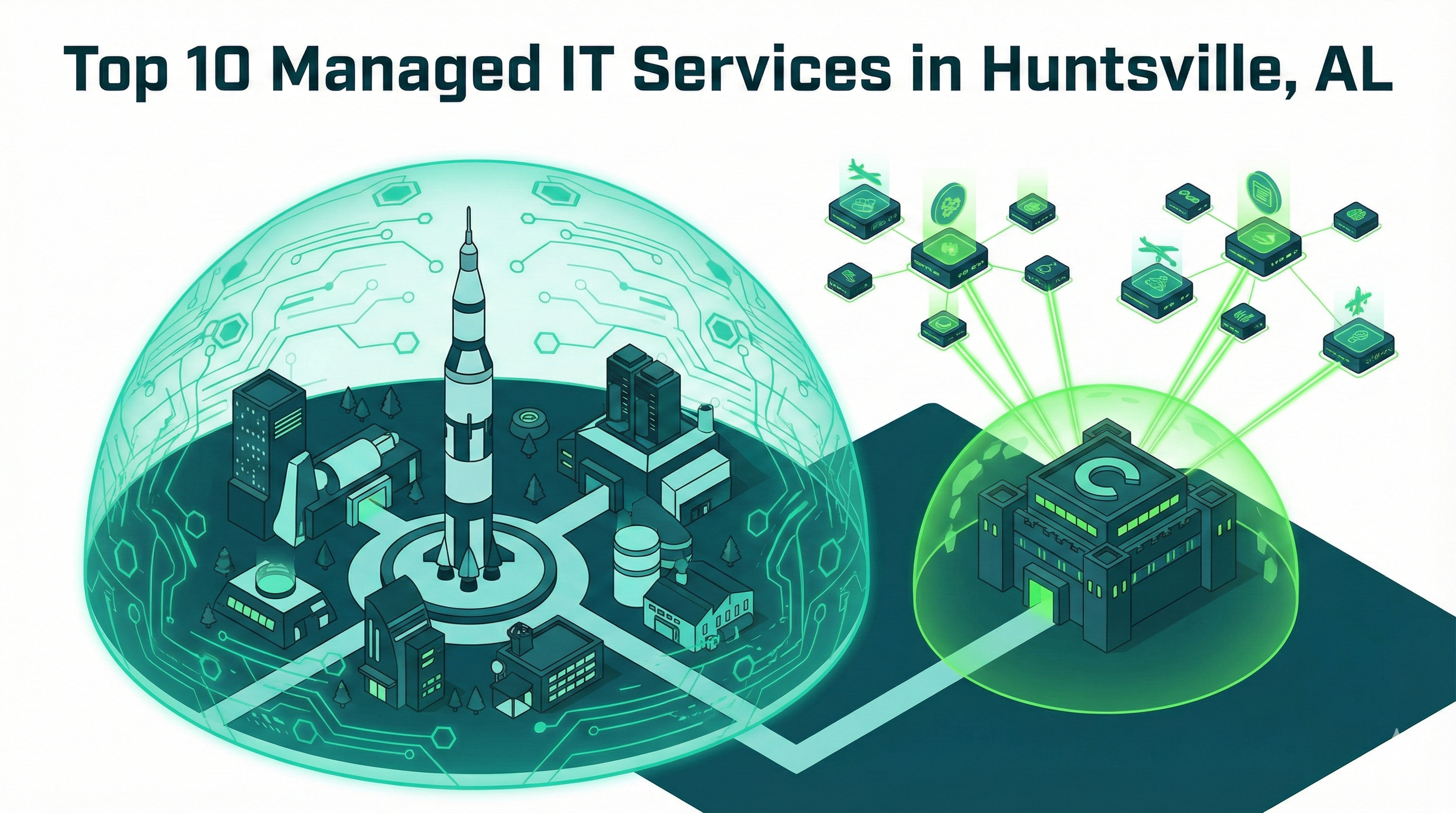 Isometric illustration of Huntsville featuring the Saturn V rocket protected by a green digital cybersecurity shield.