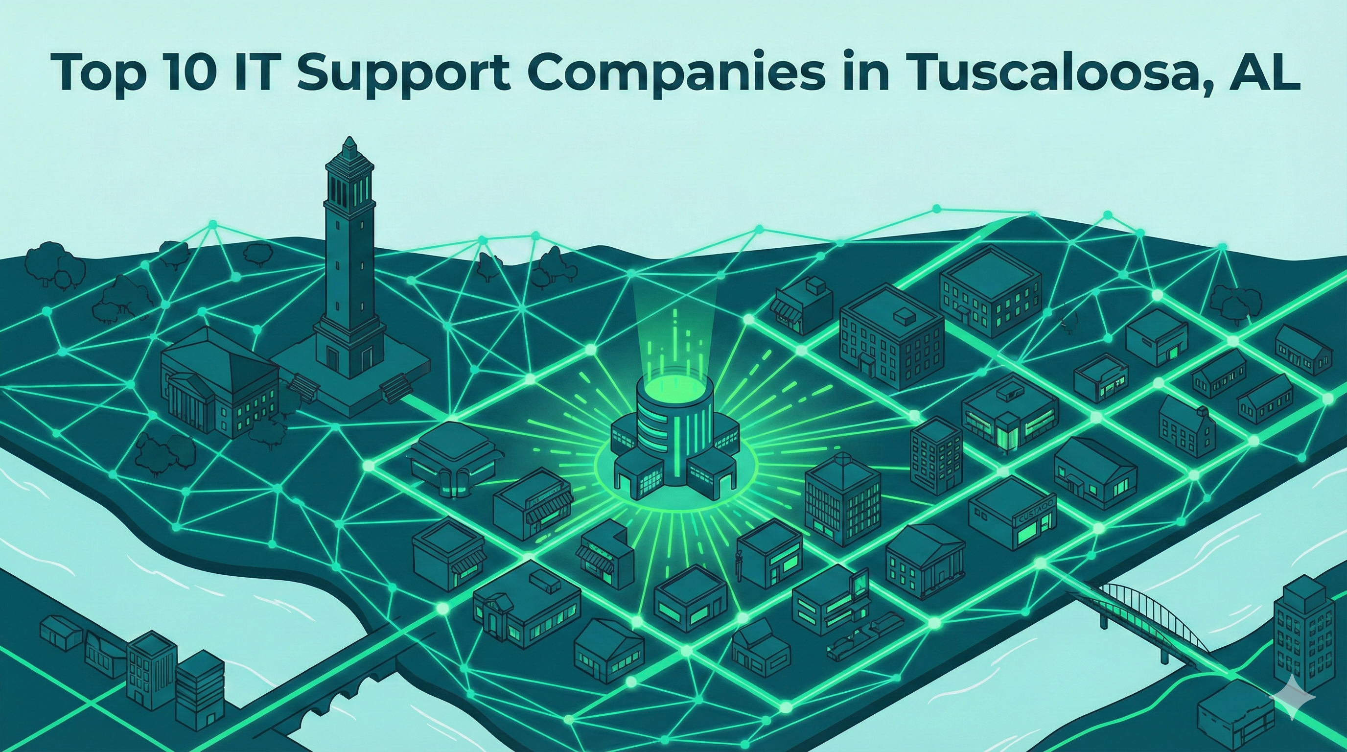 Isometric view of Tuscaloosa, AL city landmarks with a glowing green neural network overlay.