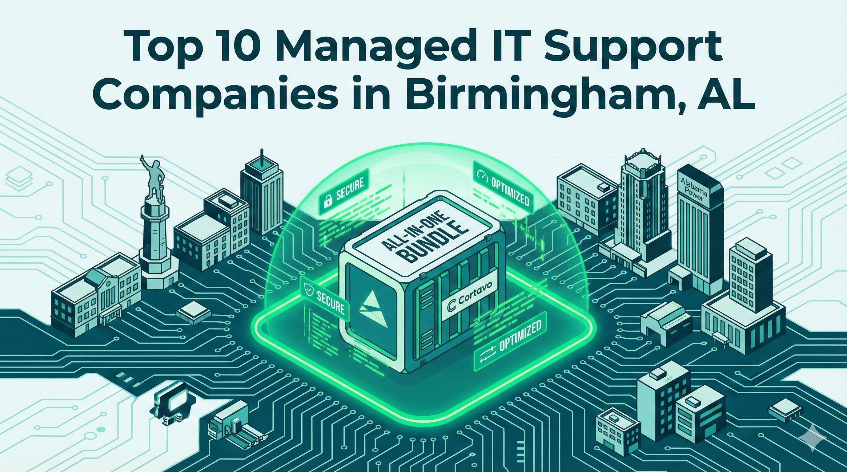 Isometric Birmingham skyline featuring a green digital network security perimeter and the Cortavo logo.