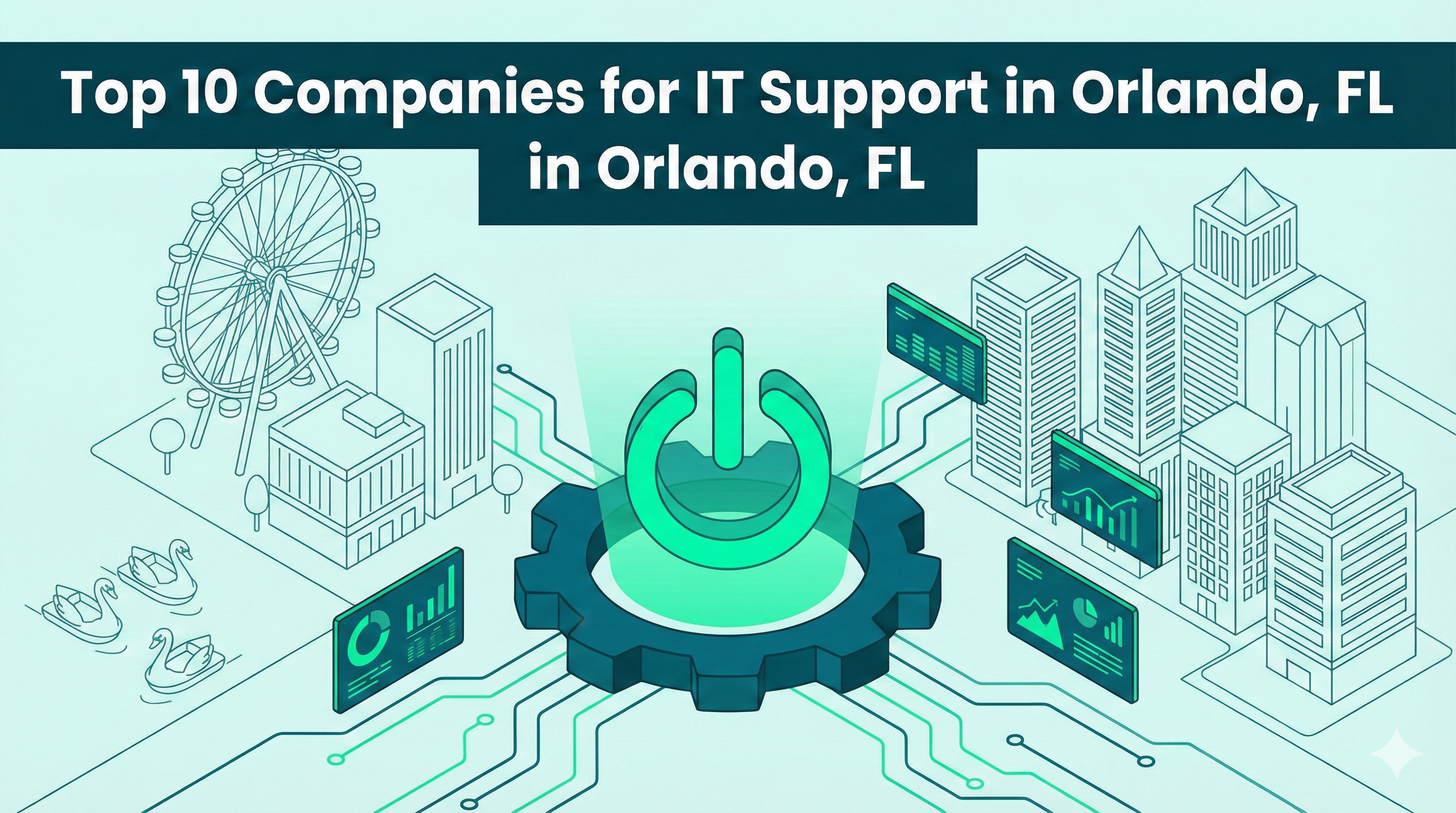 Isometric 2D illustration of Orlando's business district with a green gear and power icon representing IT support.