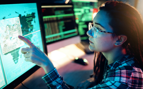 Woman pointing at a map on her computer monitor