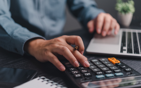 Person calculating IT budget in office