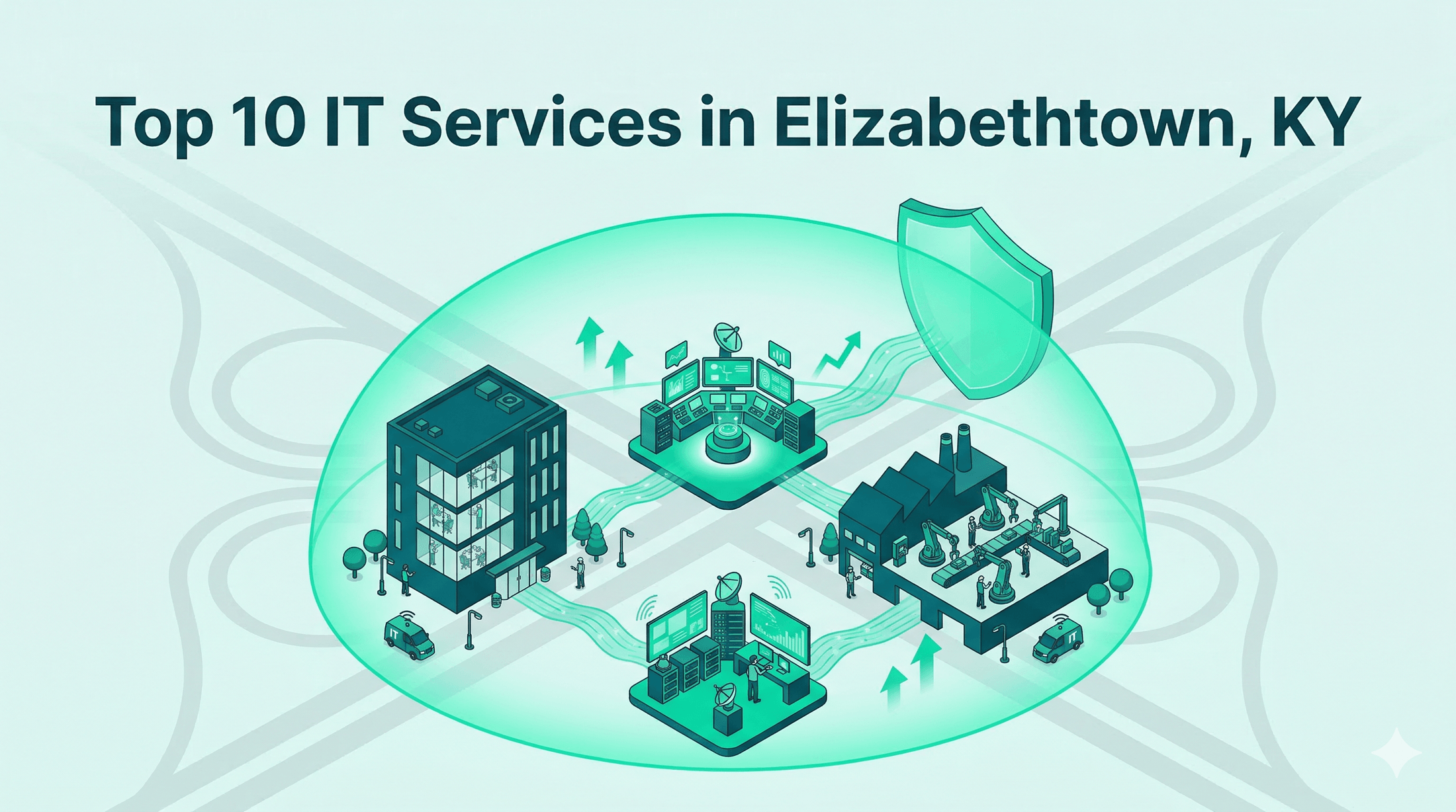 Isometric view of Elizabethtown office and manufacturing hubs protected by a green digital security shield.
