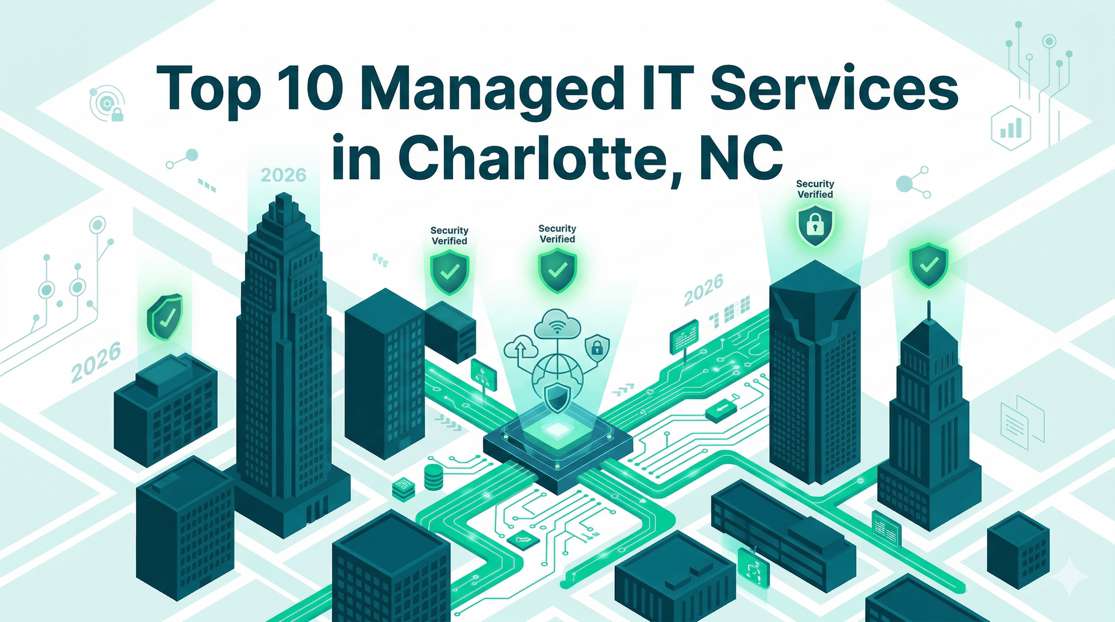 Isometric digital skyline of Charlotte, North Carolina, featuring connectivity streams and security verification badges.