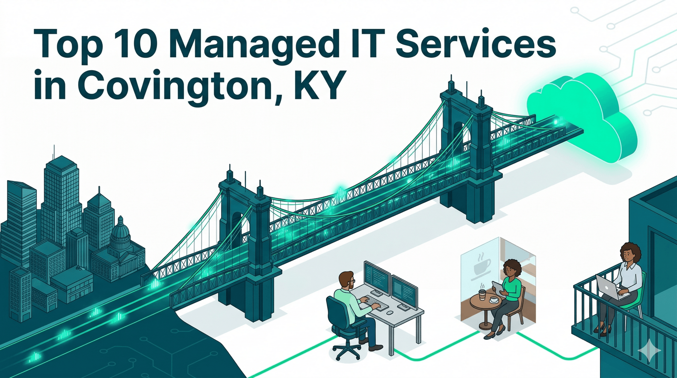 Isometric digital bridge connecting Covington businesses to a secure cloud network in green and teal.