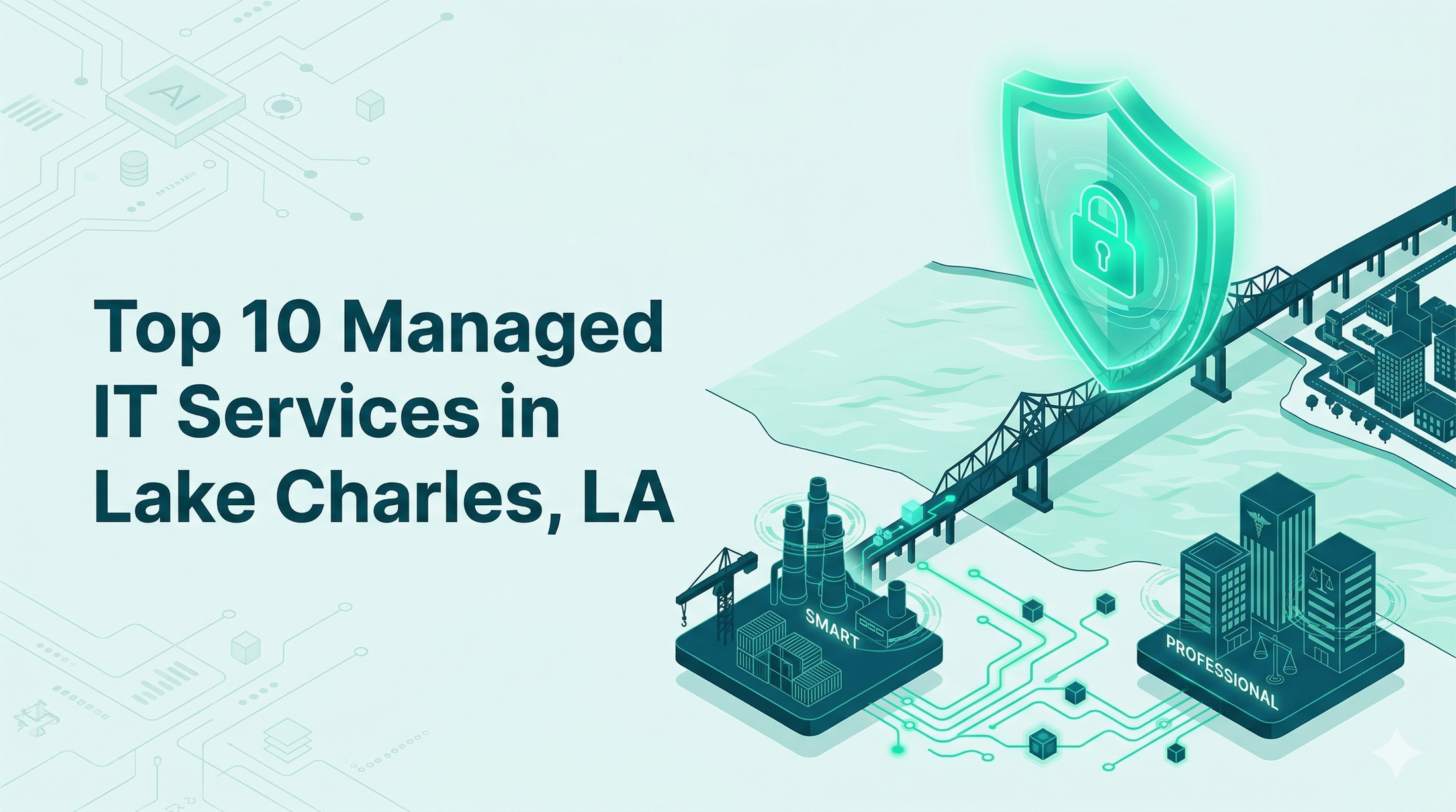 Isometric digital landscape of Lake Charles waterfront and bridge with green data connectivity lines.