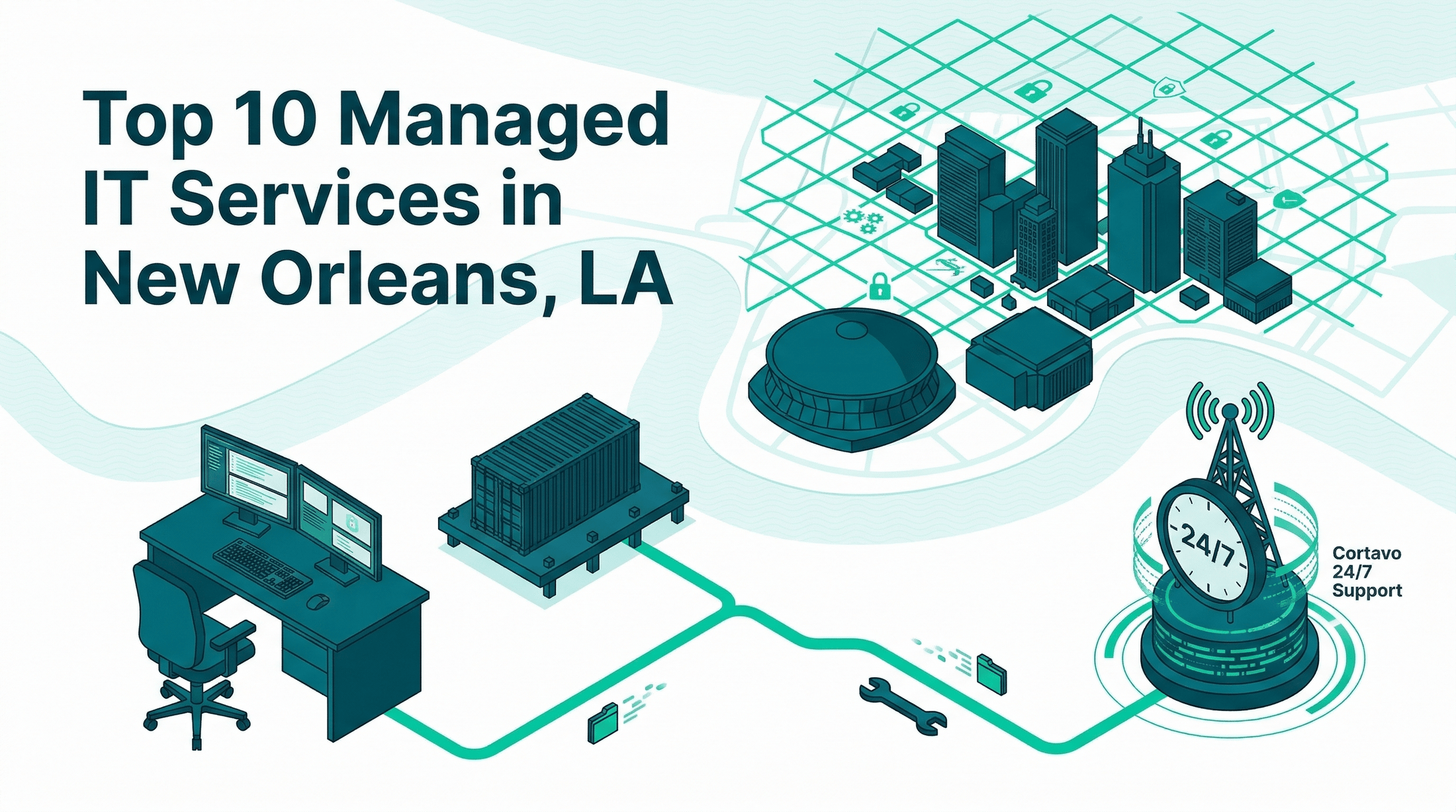 Isometric digital landscape of New Orleans skyline with a green security shield and logistics icons.