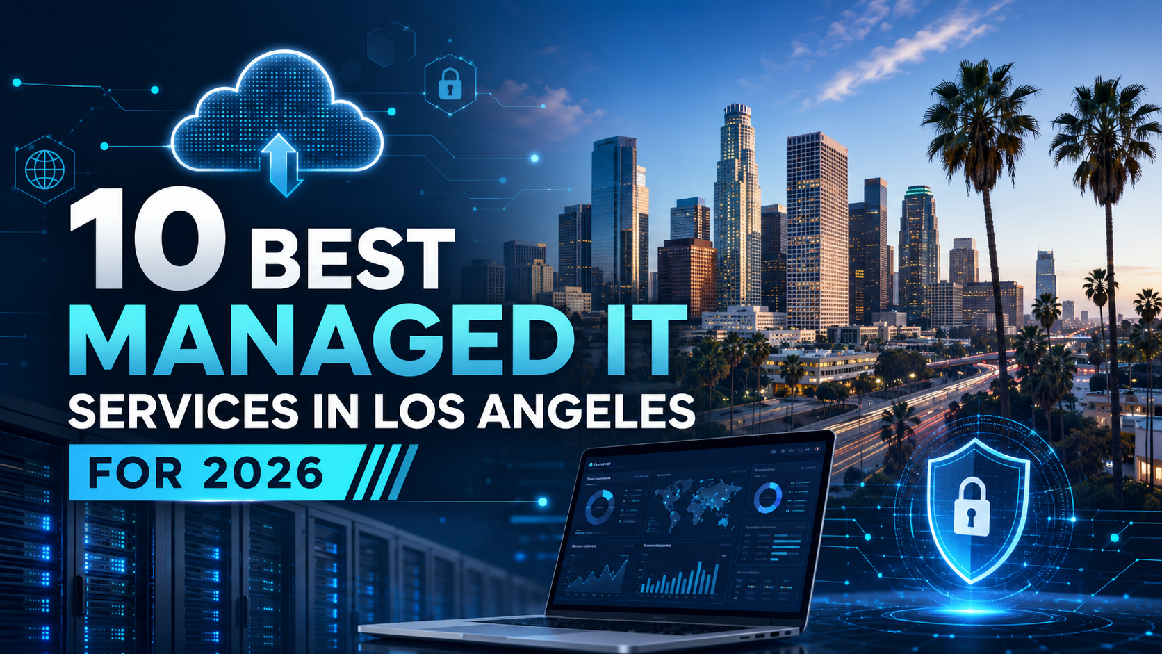 Los Angeles skyline with palm trees, server racks, cloud technology, cybersecurity graphics, and a laptop dashboard, alongside the title “10 Best Managed IT Services in Los Angeles for 2026.”