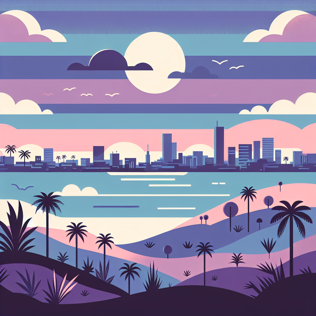 Vibrant illustration of a coastal city skyline under a large setting sun, with layered clouds and colorful skies in shades of purple, pink, and blue.