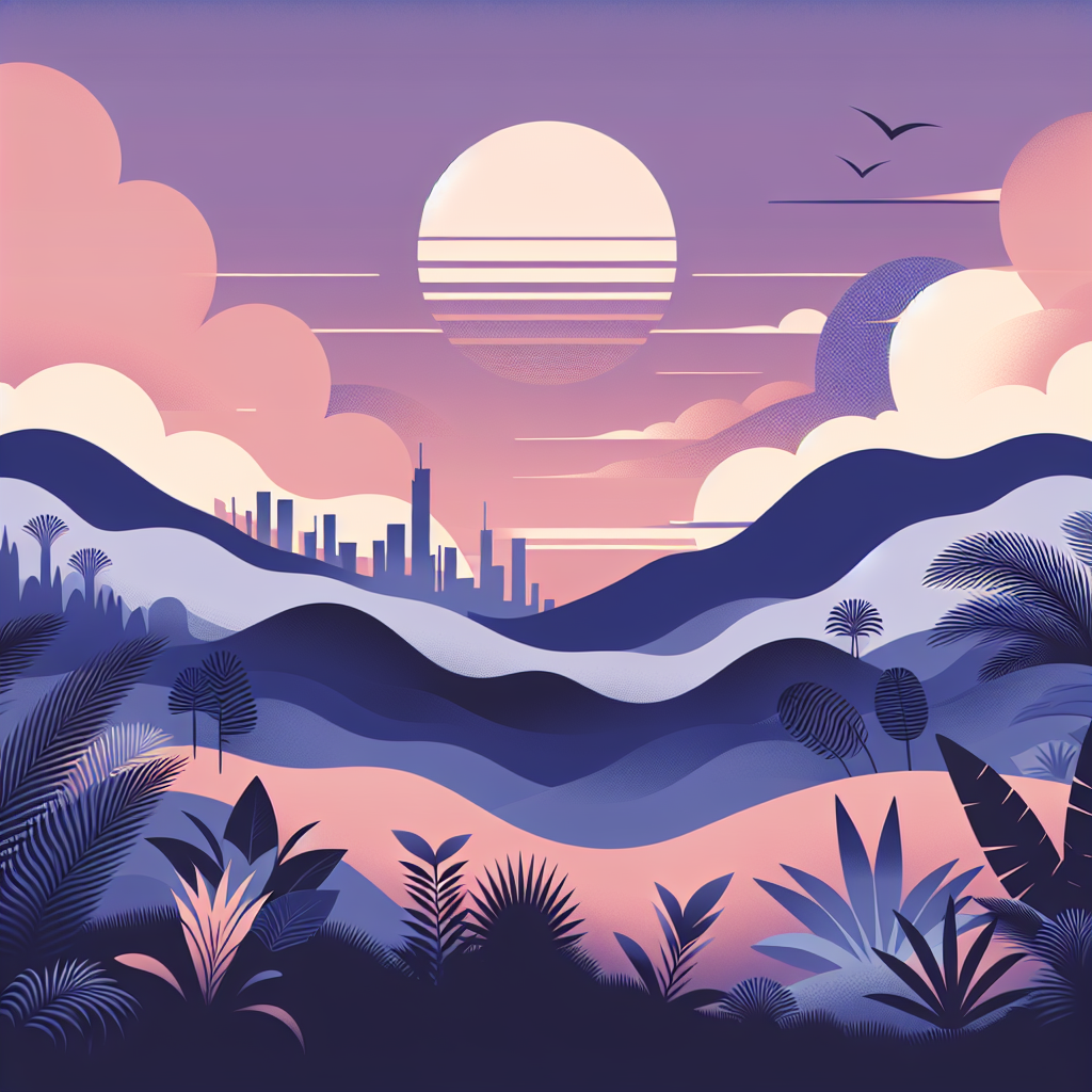 Stylized illustration of a city skyline in the distance surrounded by rolling hills, lush plants, and a large sun setting behind purple and pink clouds.