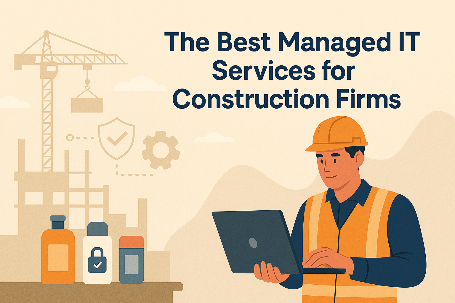 Construction worker in a hard hat using a laptop beside the heading “The Best Managed IT Services for Construction Firms.”