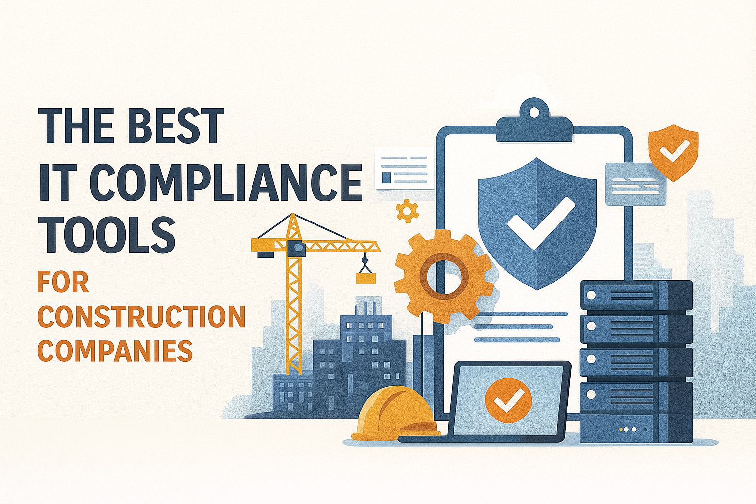 IT compliance icons with construction elements like cranes, buildings, and checklists.