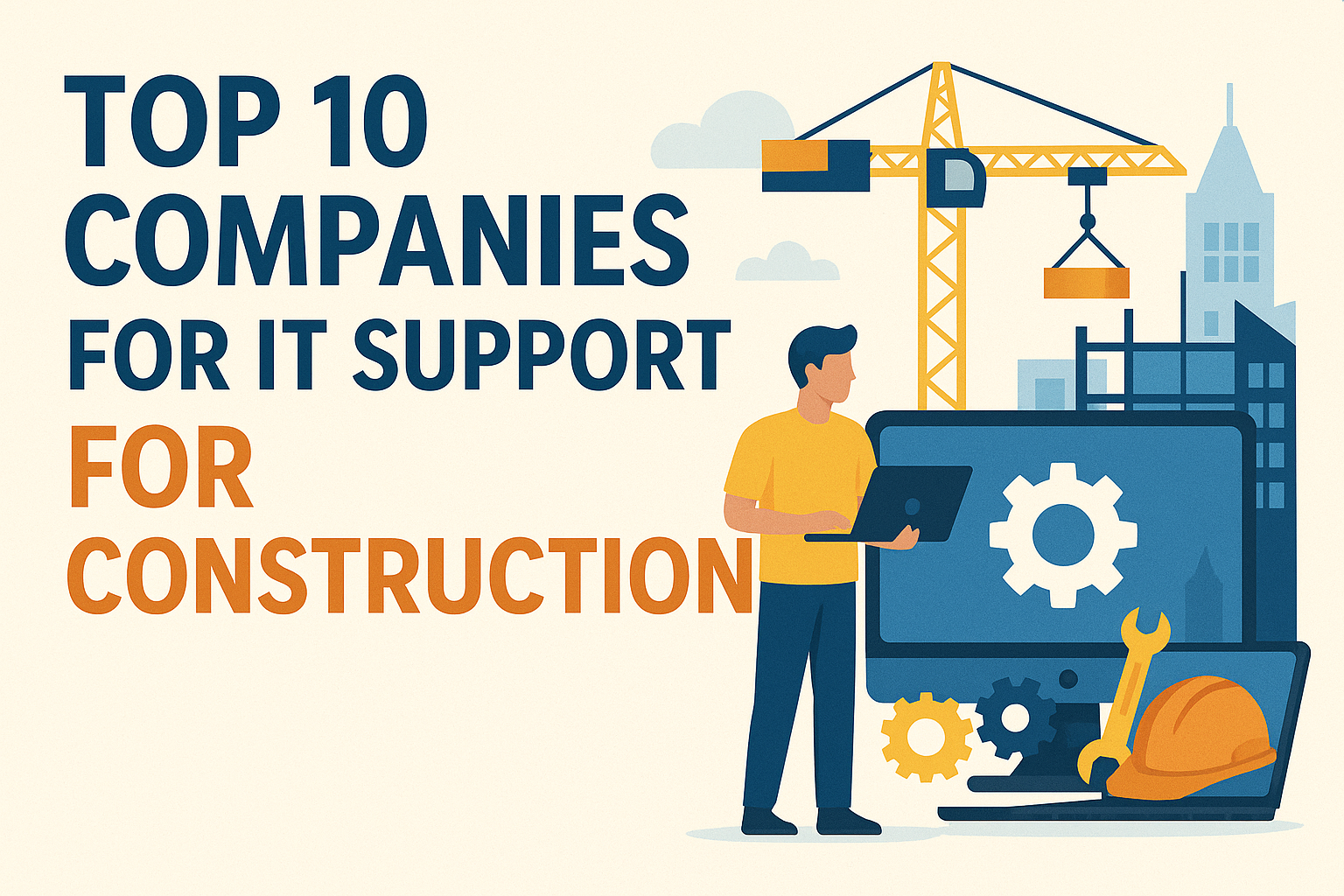 Illustrated cover showing IT support and construction elements with a technician, crane, and tools.